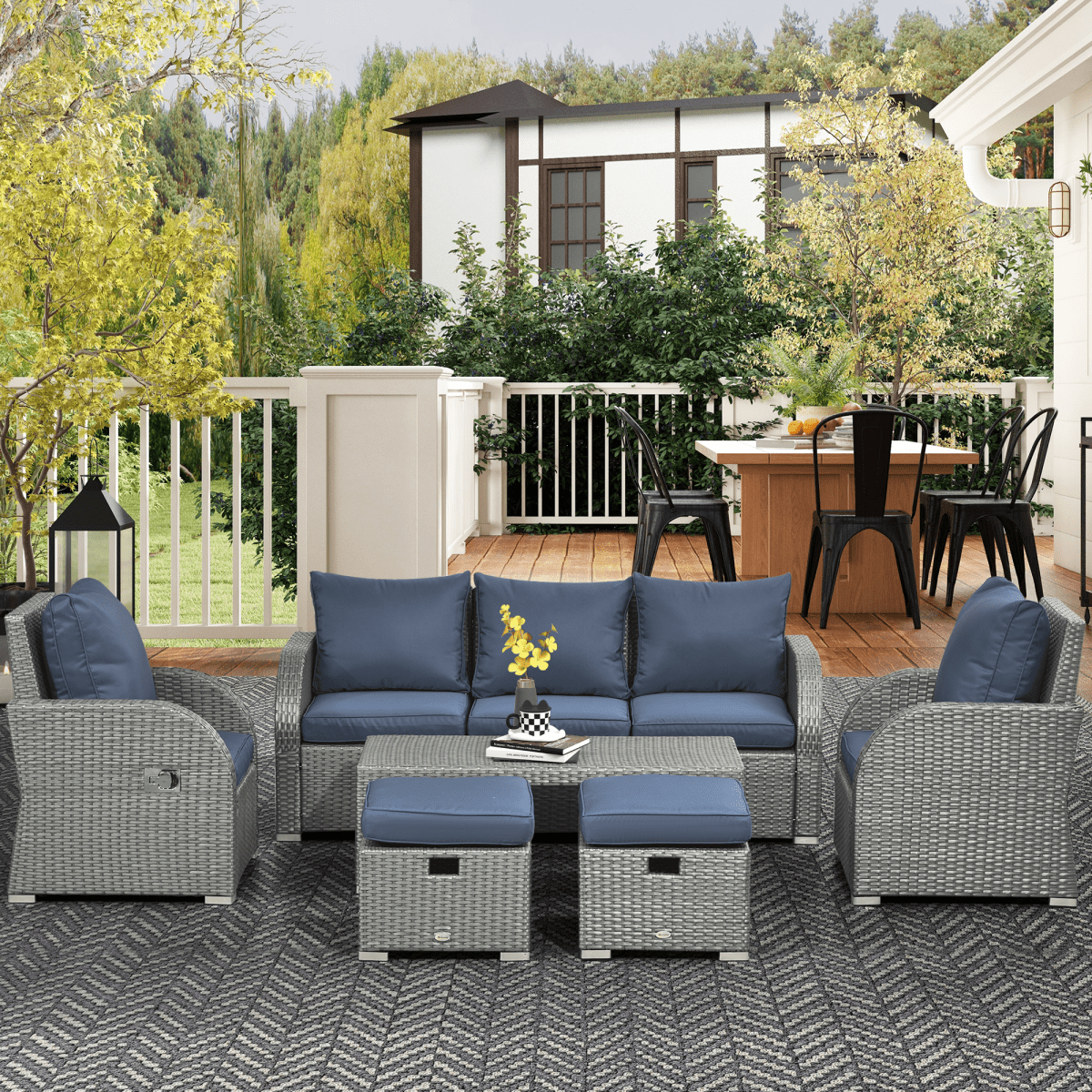6 Piece Padded Outdoor Rattan Sofa Set with Recliner, Footstools and Table 6 Piece Padded Outdoor Rattan Sofa Set with Recliner, Footstools and Table - Image 2
