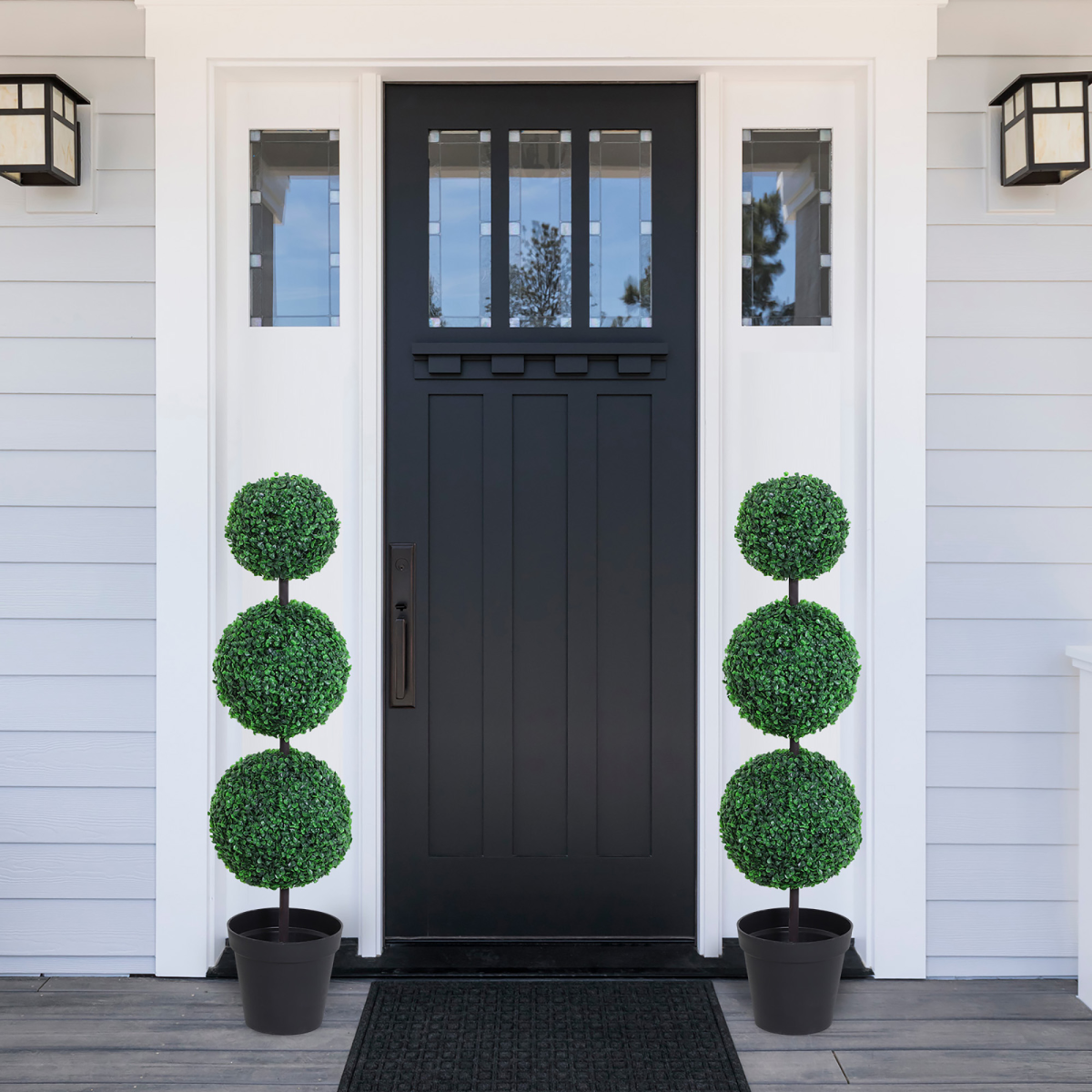 PE Set of 2 Artificial Boxwood Three Balls Topiary Plant Tree's Green PE Set of 2 Artificial Boxwood Three Balls Topiary Plant Tree's Green - Image 2