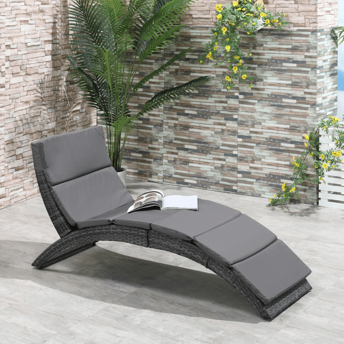 Garden Patio Rattan Wicker Folding Sun Lounger Cushion Grey Garden Patio Rattan Wicker Folding Sun Lounger Cushion Grey - Image 2