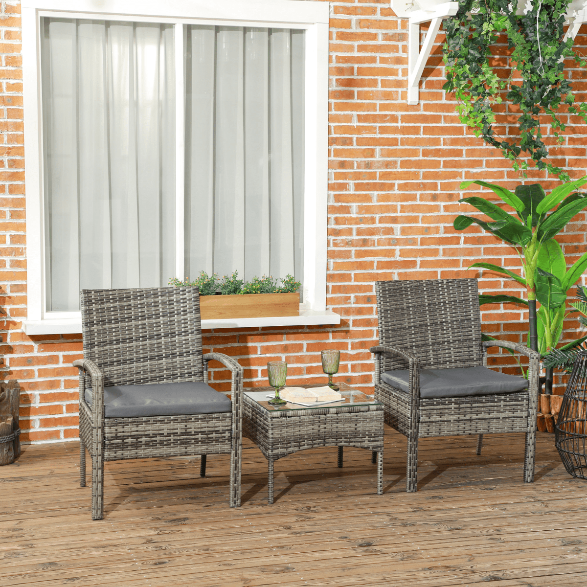 3 Piece Garden Rattan Bistro Set with Table and Chairs, Mixed Grey 3 Piece Garden Rattan Bistro Set with Table and Chairs, Mixed Grey - Image 2