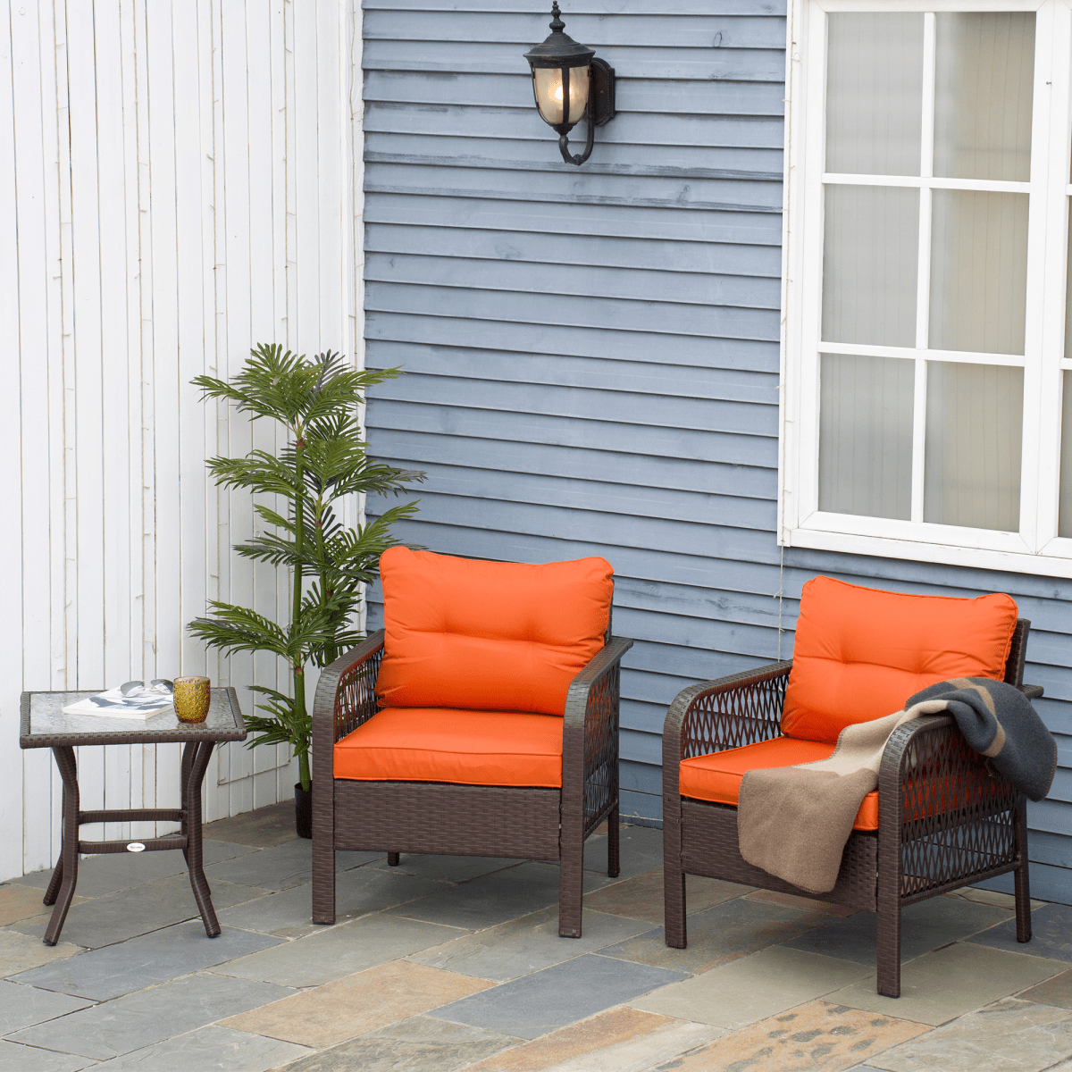 3 Pieces Patio Rattan Bistro Set with Tempered Glass Table Orange 3 Pieces Patio Rattan Bistro Set with Tempered Glass Table Orange - Image 2