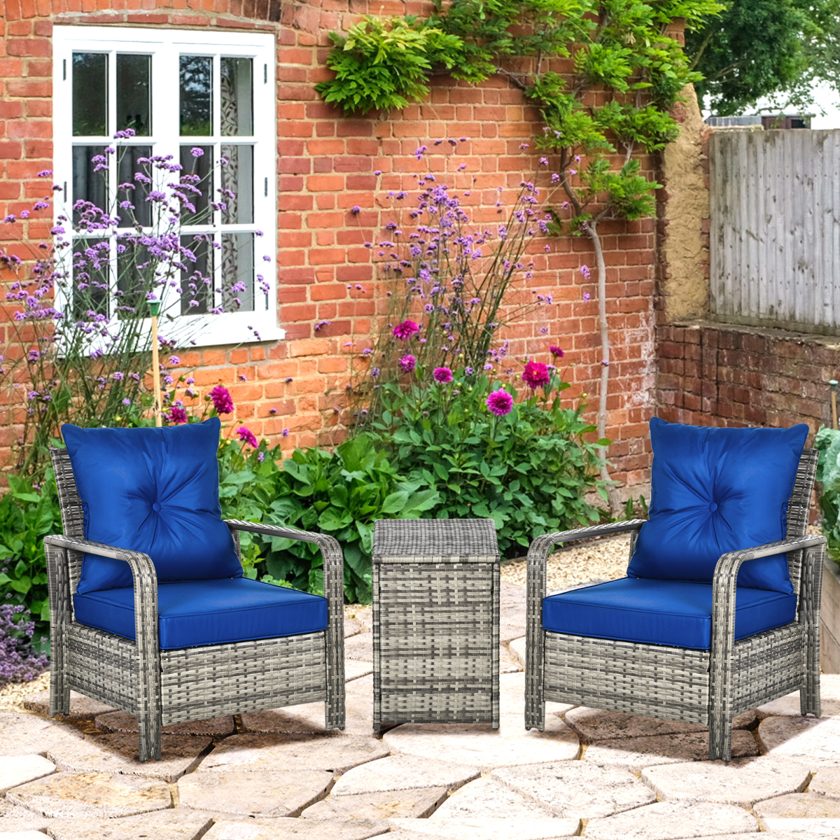 3 PCs PE Rattan Garden Sofa Set w/ 2 Chairs & Storage Table Mixed Grey 3 PCs PE Rattan Garden Sofa Set w/ 2 Chairs & Storage Table Mixed Grey - Image 2