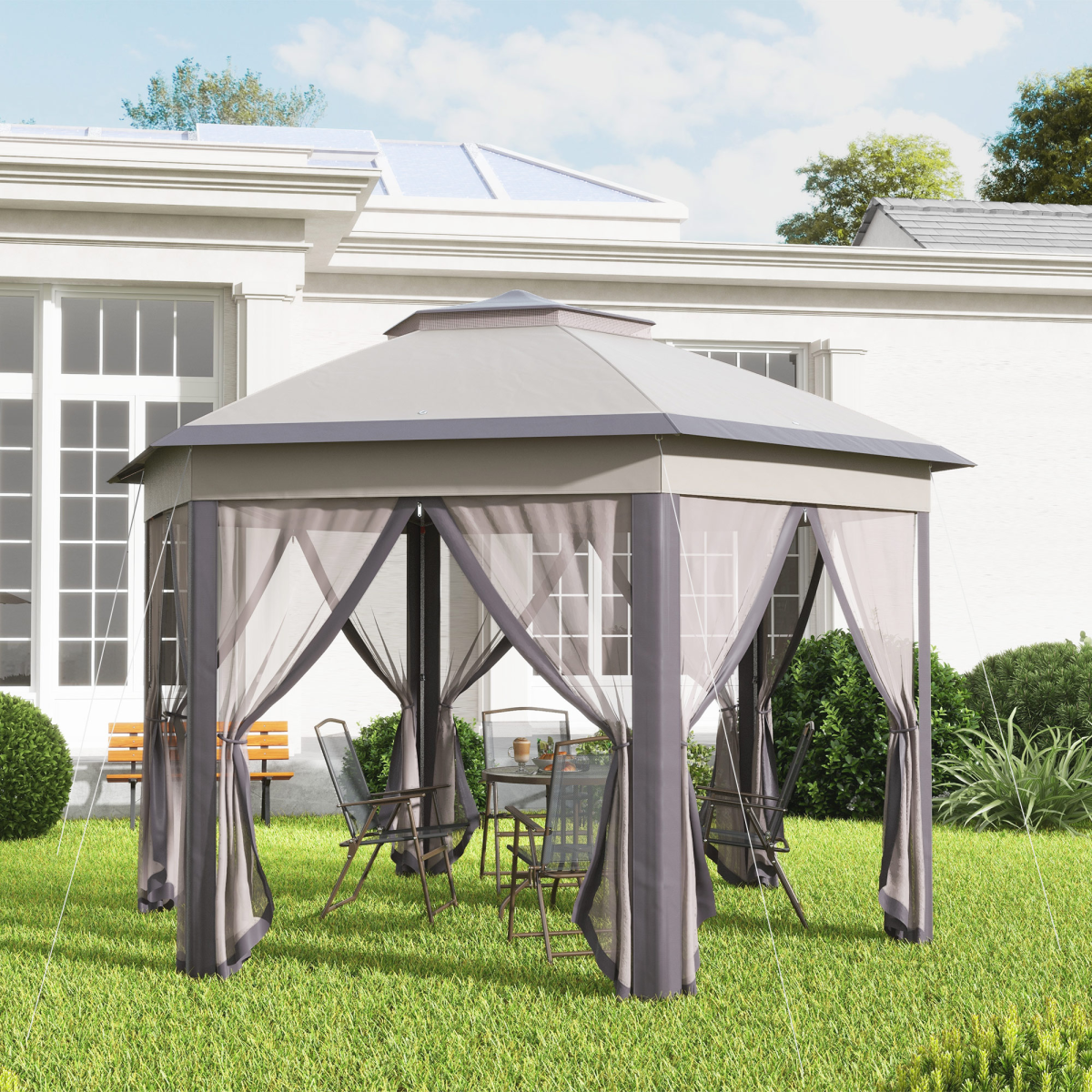 4.05m x 4.05m Metal Frame Mesh Draped 2-Tier Roof Gazebo Brown 4.05m x 4.05m Metal Frame Mesh Draped 2-Tier Roof Gazebo Brown - Image 2
