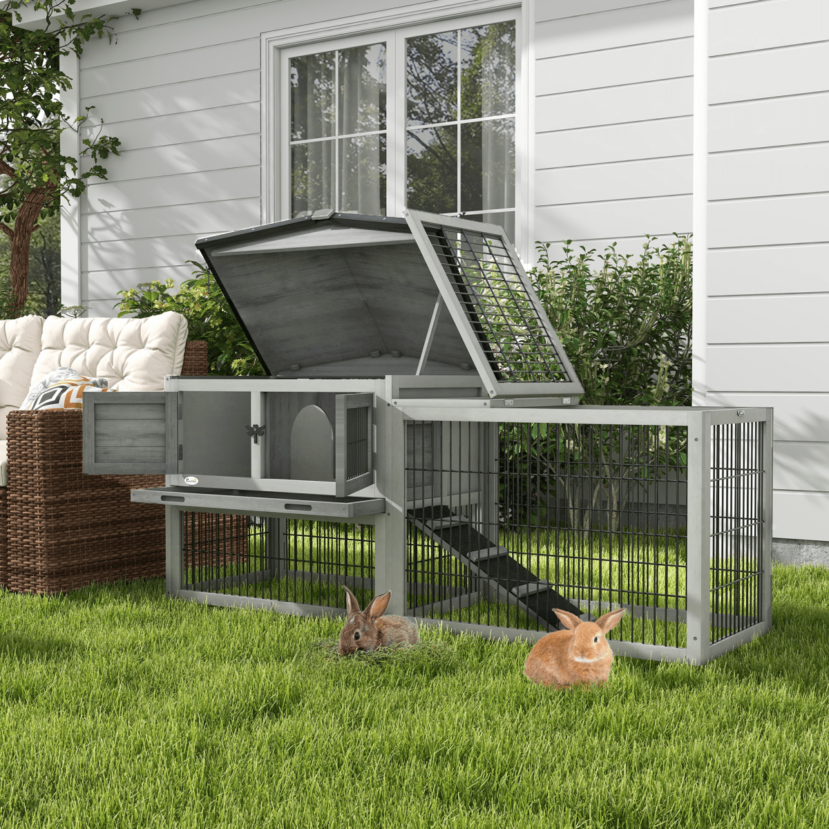 Rabbit Hutch and Outdoor Pet House with Run and Ramp Rabbit Hutch and Outdoor Pet House with Run and Ramp - Image 2