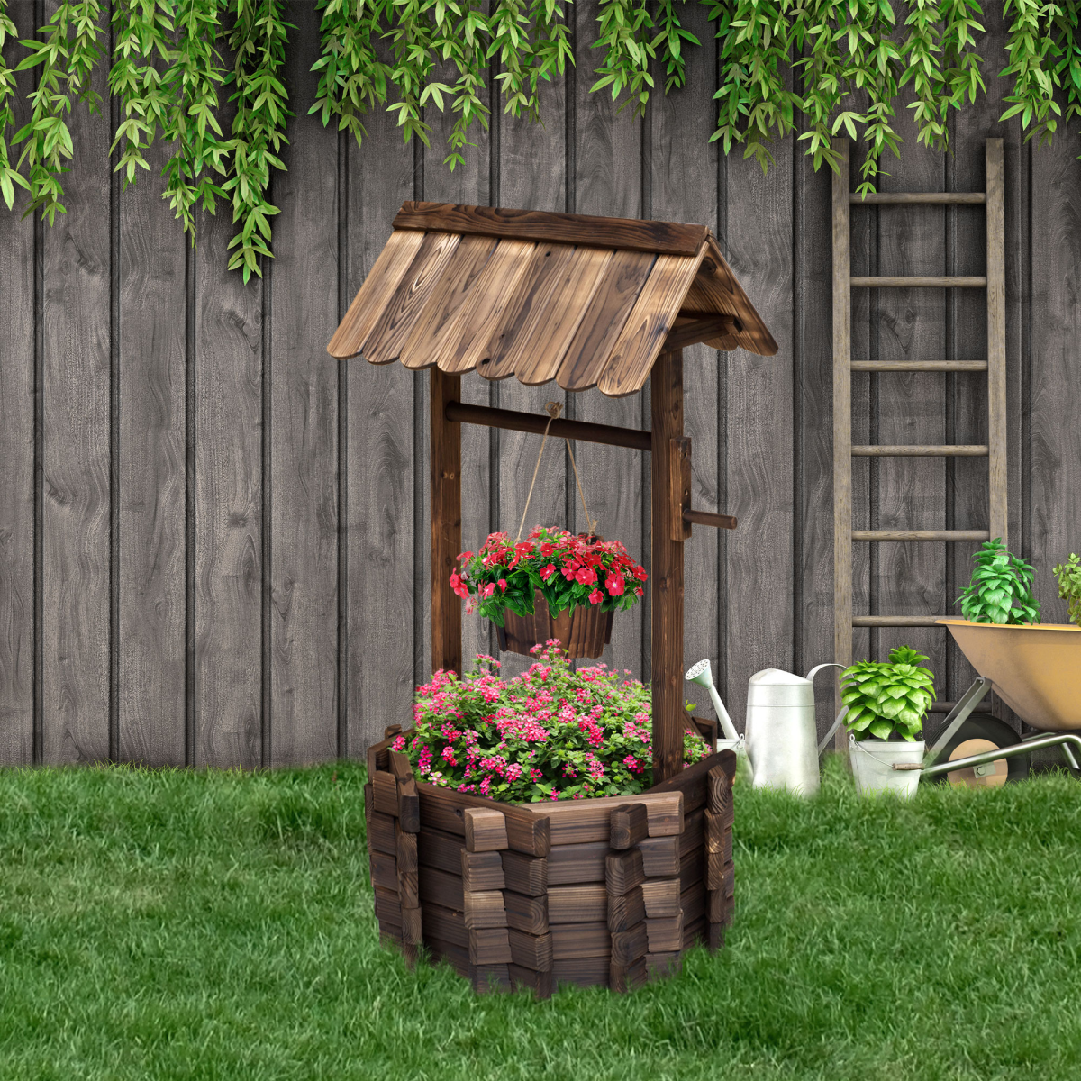 Wishing Well Planter Bucket, 60Lx55Wx 114H cm-Brown Wishing Well Planter Bucket, 60Lx55Wx 114H cm-Brown - Image 2