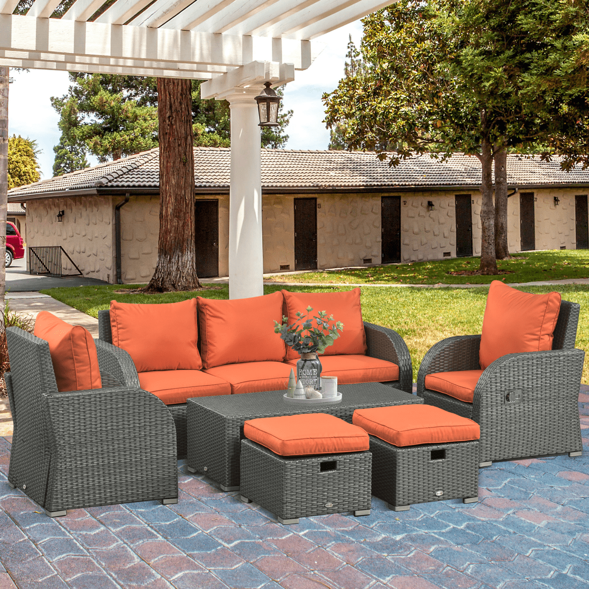 6 Piece Padded Outdoor Rattan Sofa Set with Recliner, Footstools and Table 6 Piece Padded Outdoor Rattan Sofa Set with Recliner, Footstools and Table - Image 2