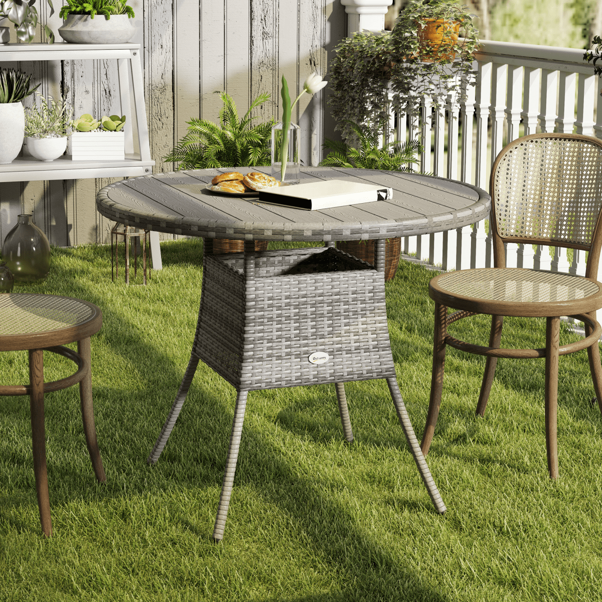 Outdoor PE Rattan Dining Table with Wood-Plastic Composite Top, Grey Outdoor PE Rattan Dining Table with Wood-Plastic Composite Top, Grey - Image 2