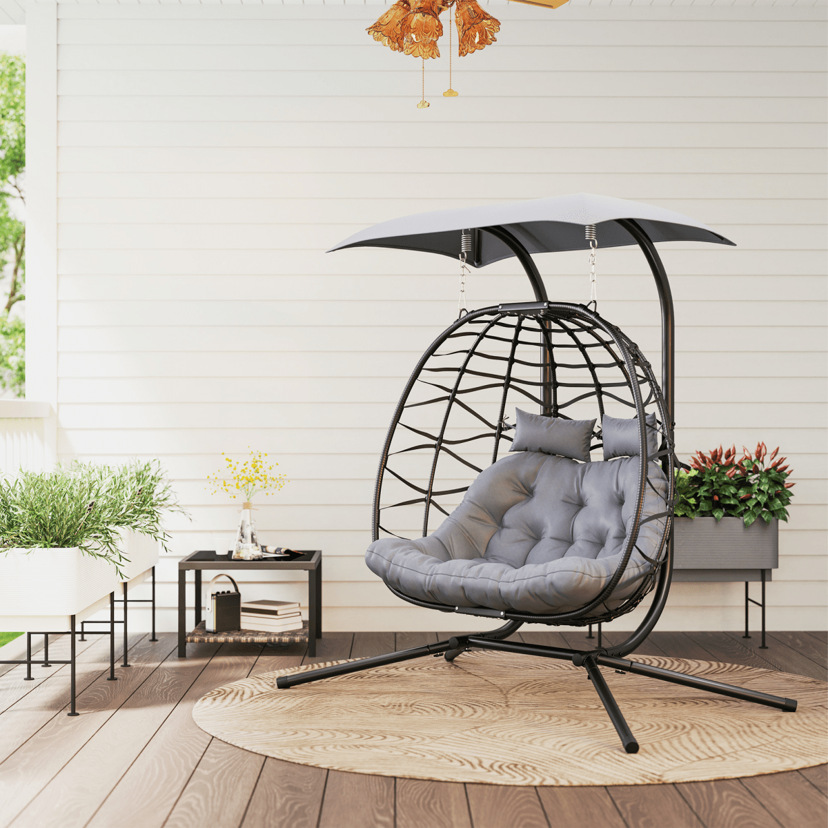 Double Rattan Hanging Egg Chair with Canopy and Cushion, Black Double Rattan Hanging Egg Chair with Canopy and Cushion, Black - Image 3