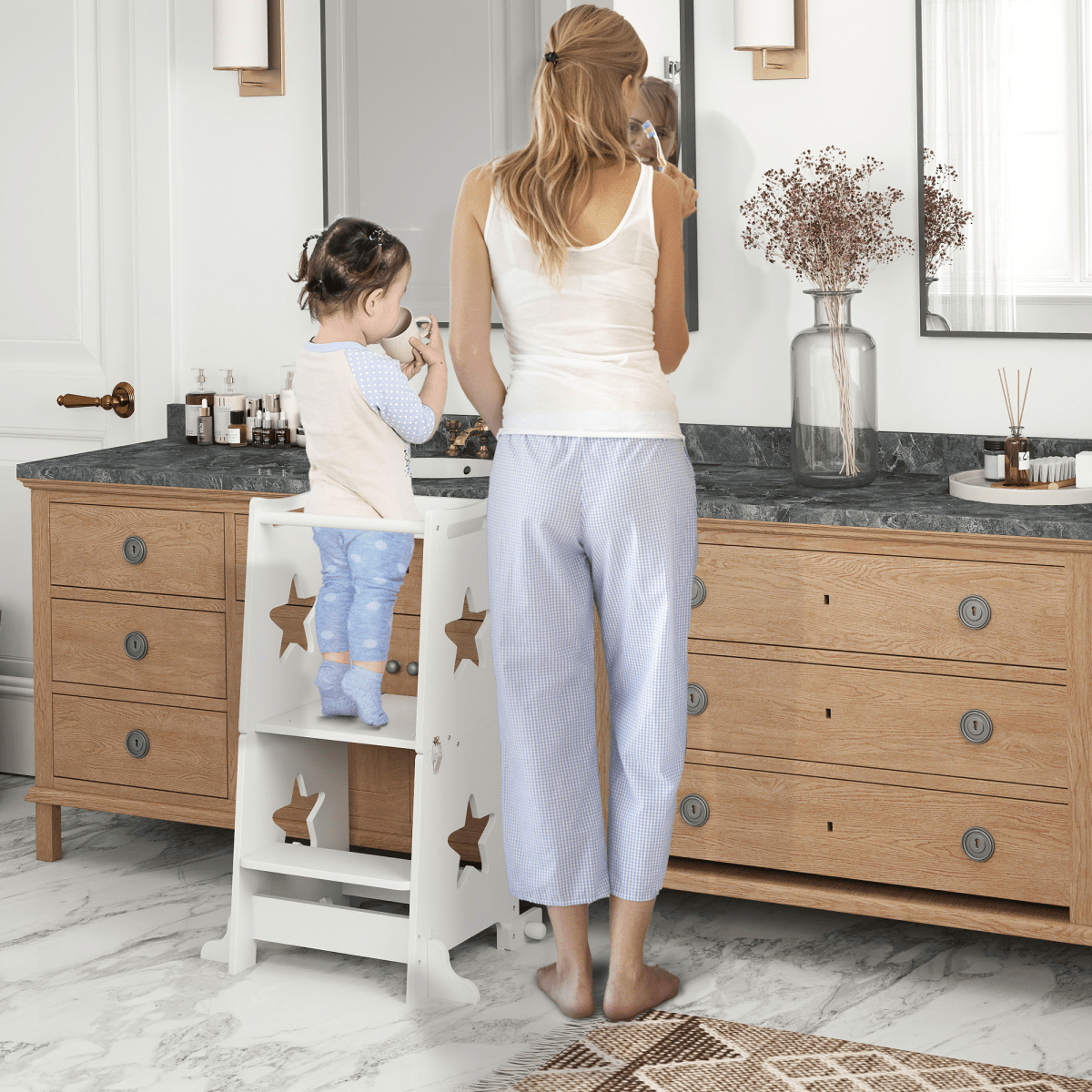 AIYAPLAY 2 in 1 Toddler Step Stool with Safety Rail for Kitchen, White AIYAPLAY 2 in 1 Toddler Step Stool with Safety Rail for Kitchen, White - Image 2