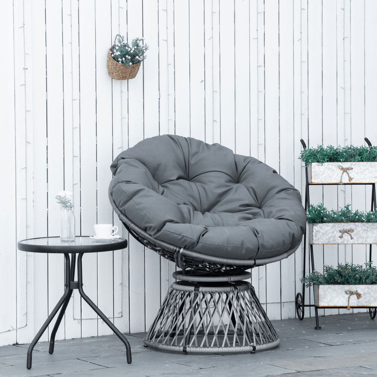360??Swivel Rattan Papasan Moon Bowl Chair Round Outdoor Padded-Grey Outsunny 360??Swivel Rattan Papasan Moon Bowl Chair Round Outdoor Padded-Grey Outsunny - Image 2