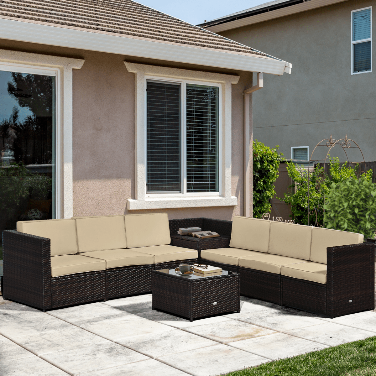 Outsunny 6-Seater Rattan Sofa Furniture Set W/Cushions, Steel Frame-Brown Outsunny 6-Seater Rattan Sofa Furniture Set W/Cushions, Steel Frame-Brown - Image 2