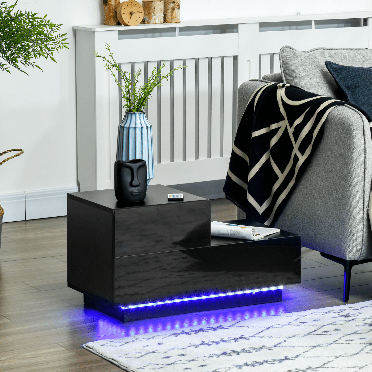 HOMCOM High Gloss Front Bedside Table Nightstand with LED Light Remote Black HOMCOM High Gloss Front Bedside Table Nightstand with LED Light Remote Black - Image 2