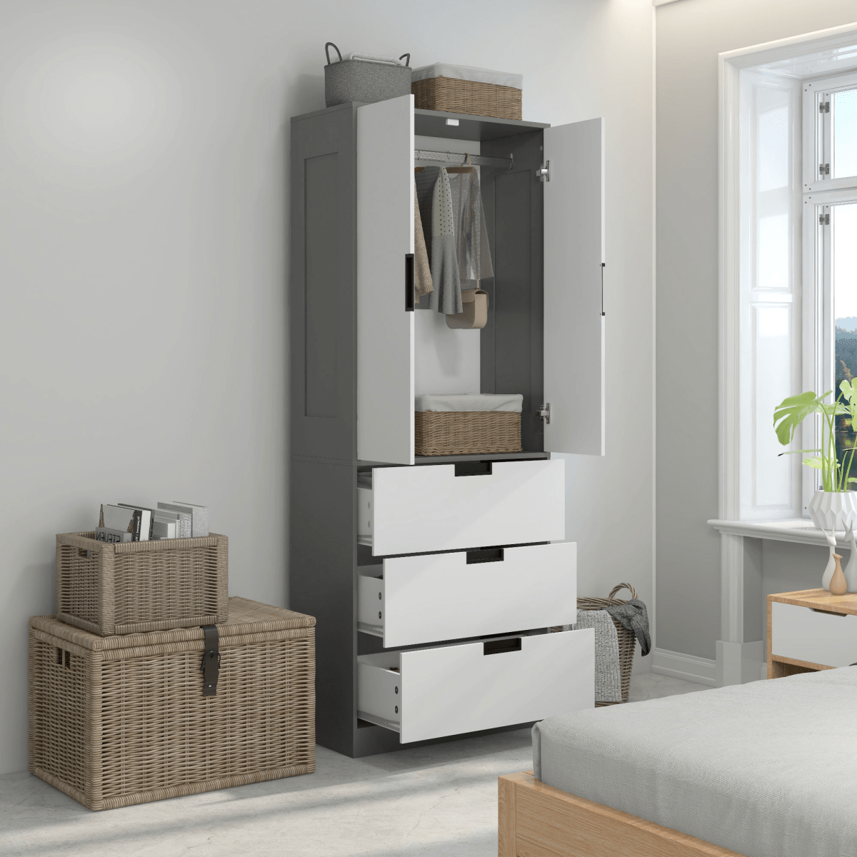 2 Door Grey Wardrobe with 3 Drawers and Hanging Rail 2 Door Grey Wardrobe with 3 Drawers and Hanging Rail - Image 2