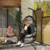 Rattan Hanging Egg Chair with Stand and Cushion, Dark Grey