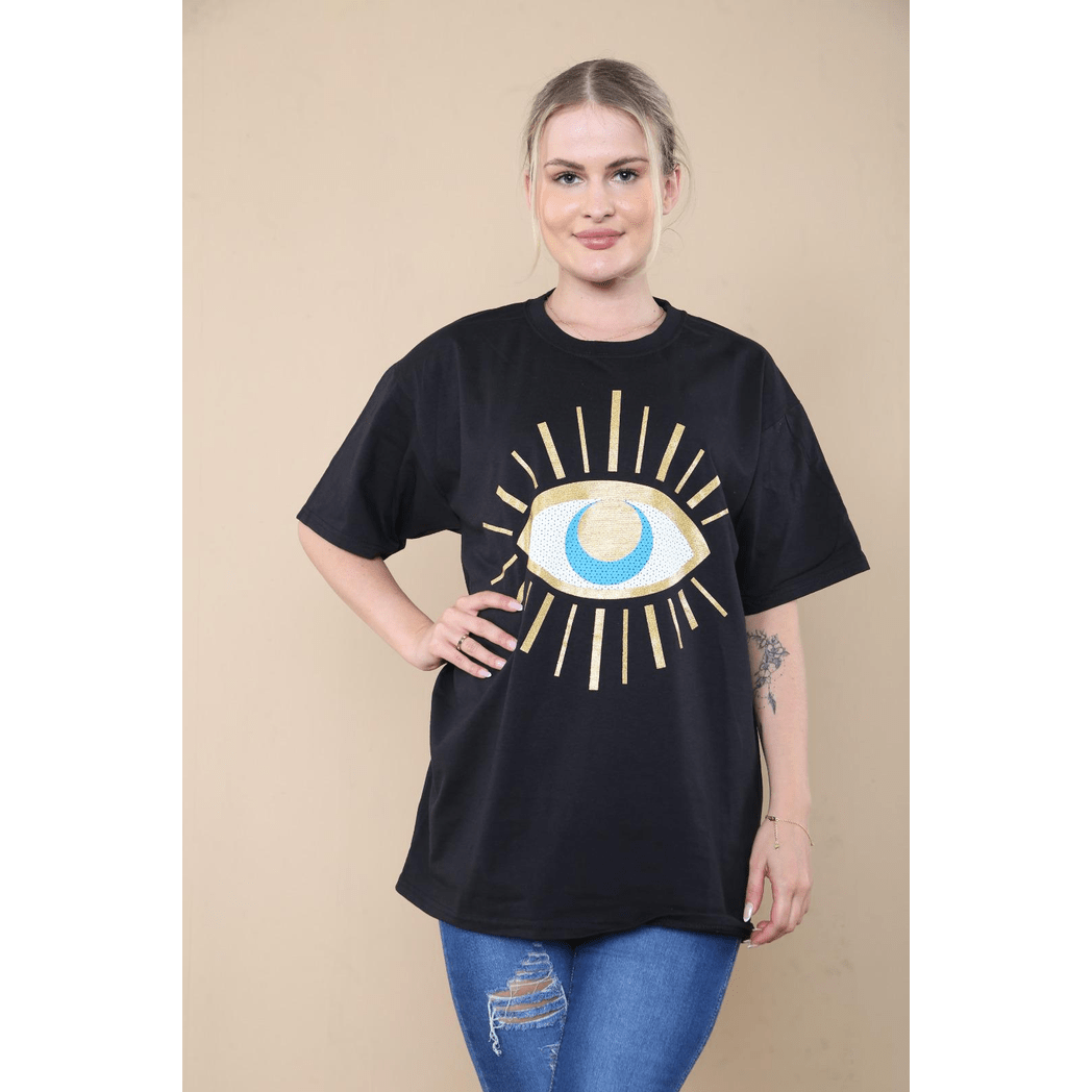 Ladies Oversized Sequin Eye Printed Short Sleeve T-Shirt Ladies Oversized Sequin Eye Printed Short Sleeve T-Shirt - Image 5