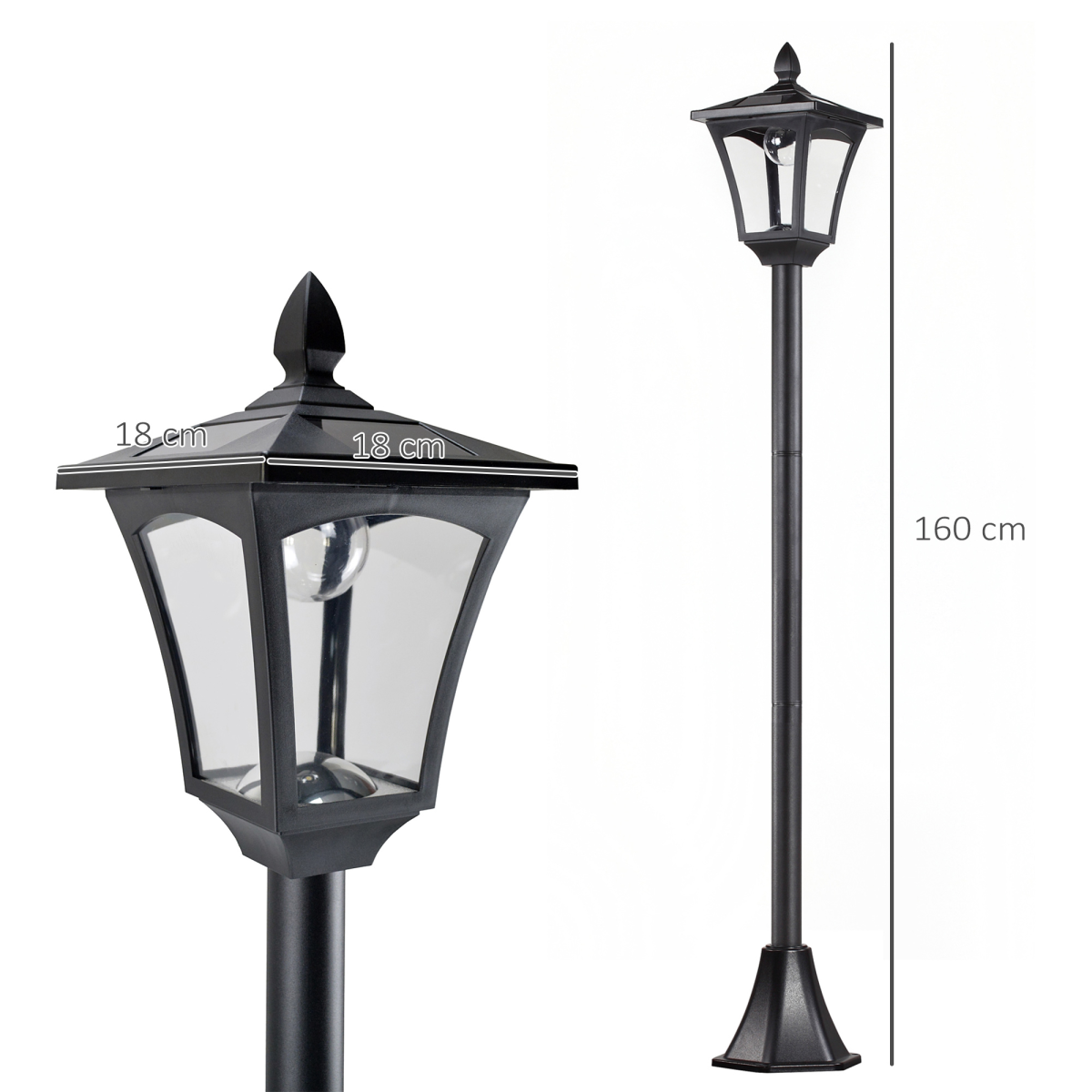 Outsunny Solar Powered Lamp Post, IP44, 18Lx18Wx160H cm-Black Outsunny Solar Powered Lamp Post, IP44, 18Lx18Wx160H cm-Black - Image 3