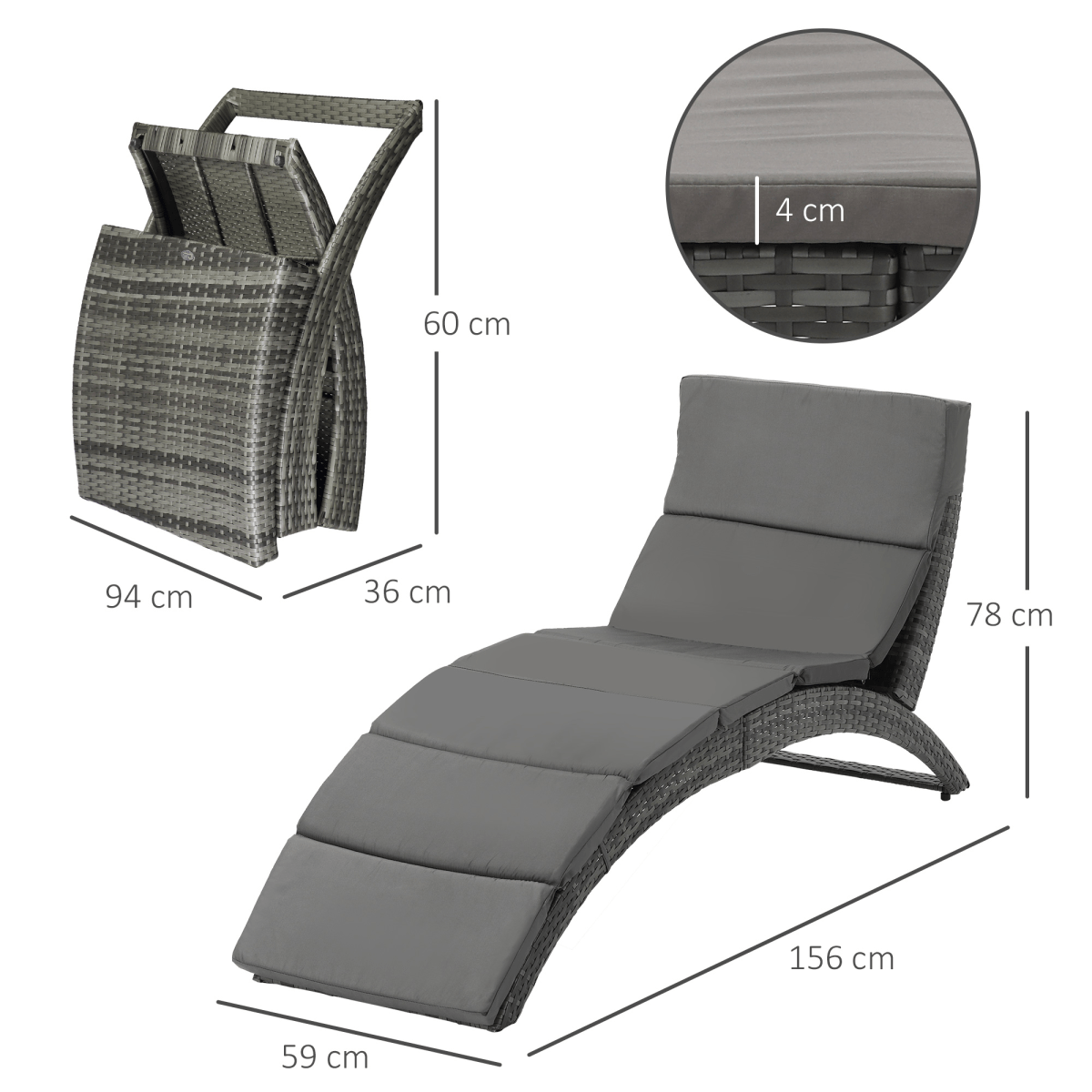 Garden Patio Rattan Wicker Folding Sun Lounger Cushion Grey Garden Patio Rattan Wicker Folding Sun Lounger Cushion Grey - Image 3
