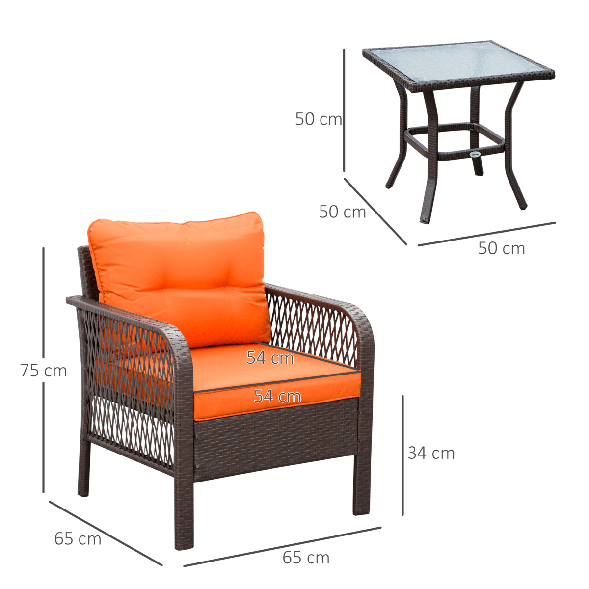 3 Pieces Patio Rattan Bistro Set with Tempered Glass Table Orange 3 Pieces Patio Rattan Bistro Set with Tempered Glass Table Orange - Image 3