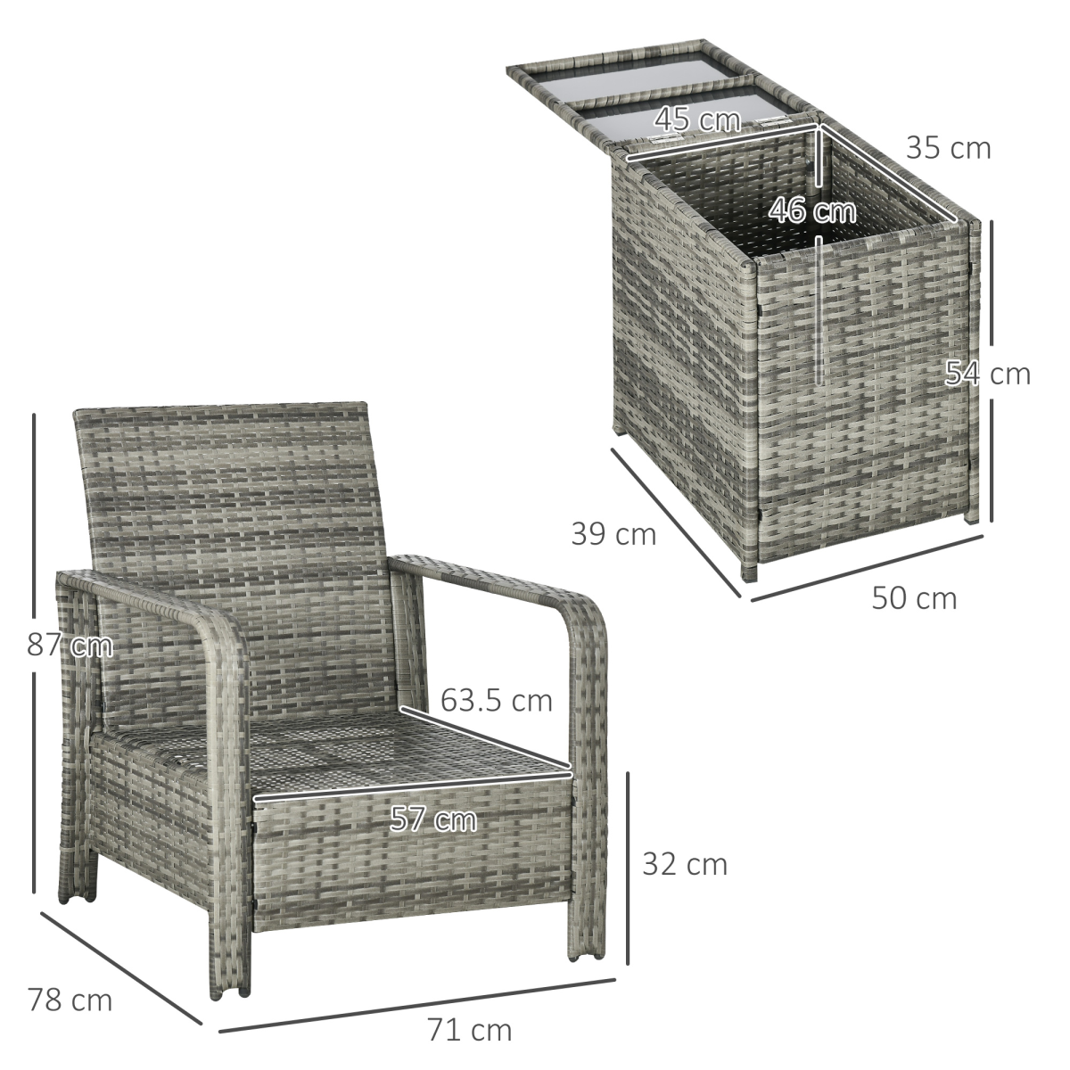 3 PCs PE Rattan Garden Sofa Set w/ 2 Chairs & Storage Table Mixed Grey 3 PCs PE Rattan Garden Sofa Set w/ 2 Chairs & Storage Table Mixed Grey - Image 3