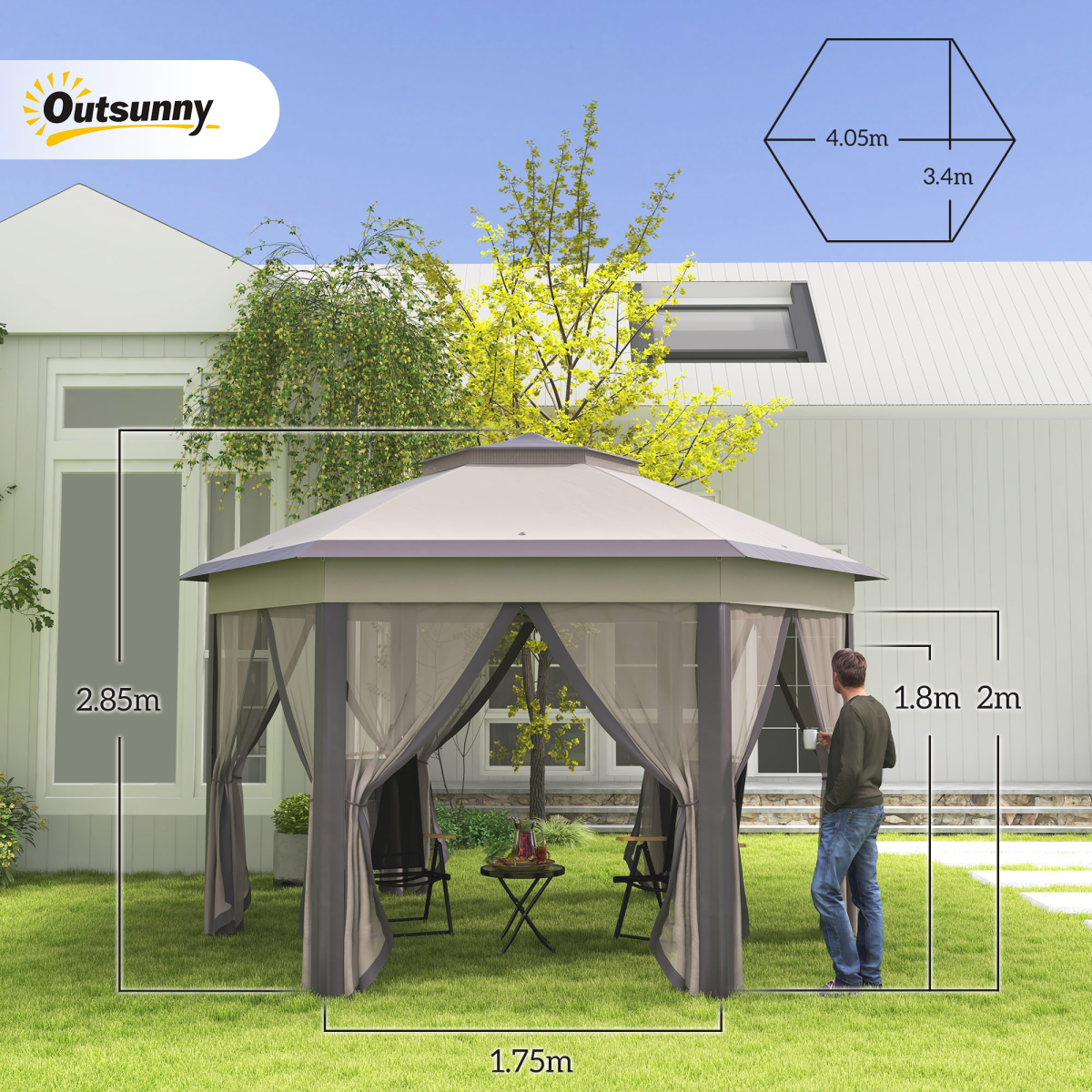 4.05m x 4.05m Metal Frame Mesh Draped 2-Tier Roof Gazebo Brown 4.05m x 4.05m Metal Frame Mesh Draped 2-Tier Roof Gazebo Brown - Image 3