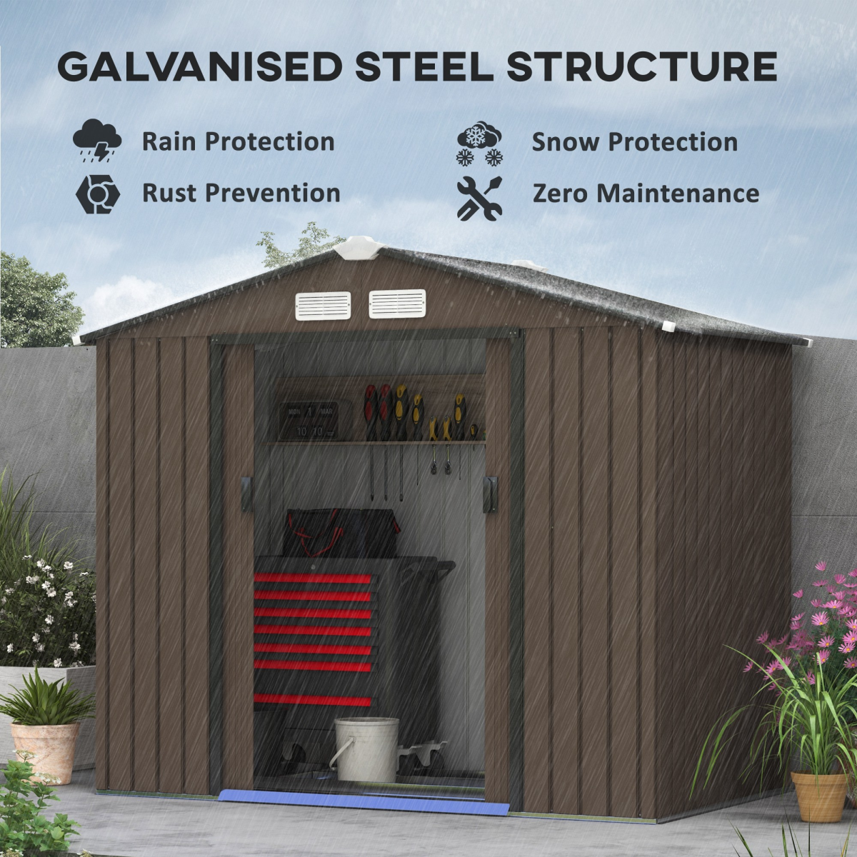 Lockable Garden Shed Large Patio Roofed Tool Metal Storage Sheds Box Khaki Lockable Garden Shed Large Patio Roofed Tool Metal Storage Sheds Box Khaki - Image 3