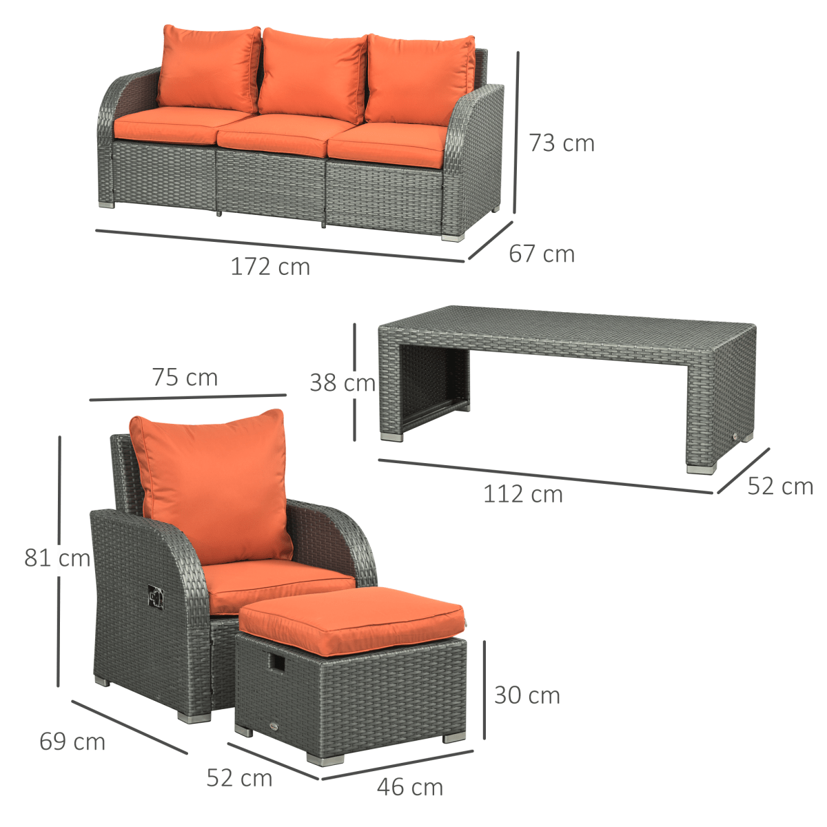 6 Piece Padded Outdoor Rattan Sofa Set with Recliner, Footstools and Table 6 Piece Padded Outdoor Rattan Sofa Set with Recliner, Footstools and Table - Image 3