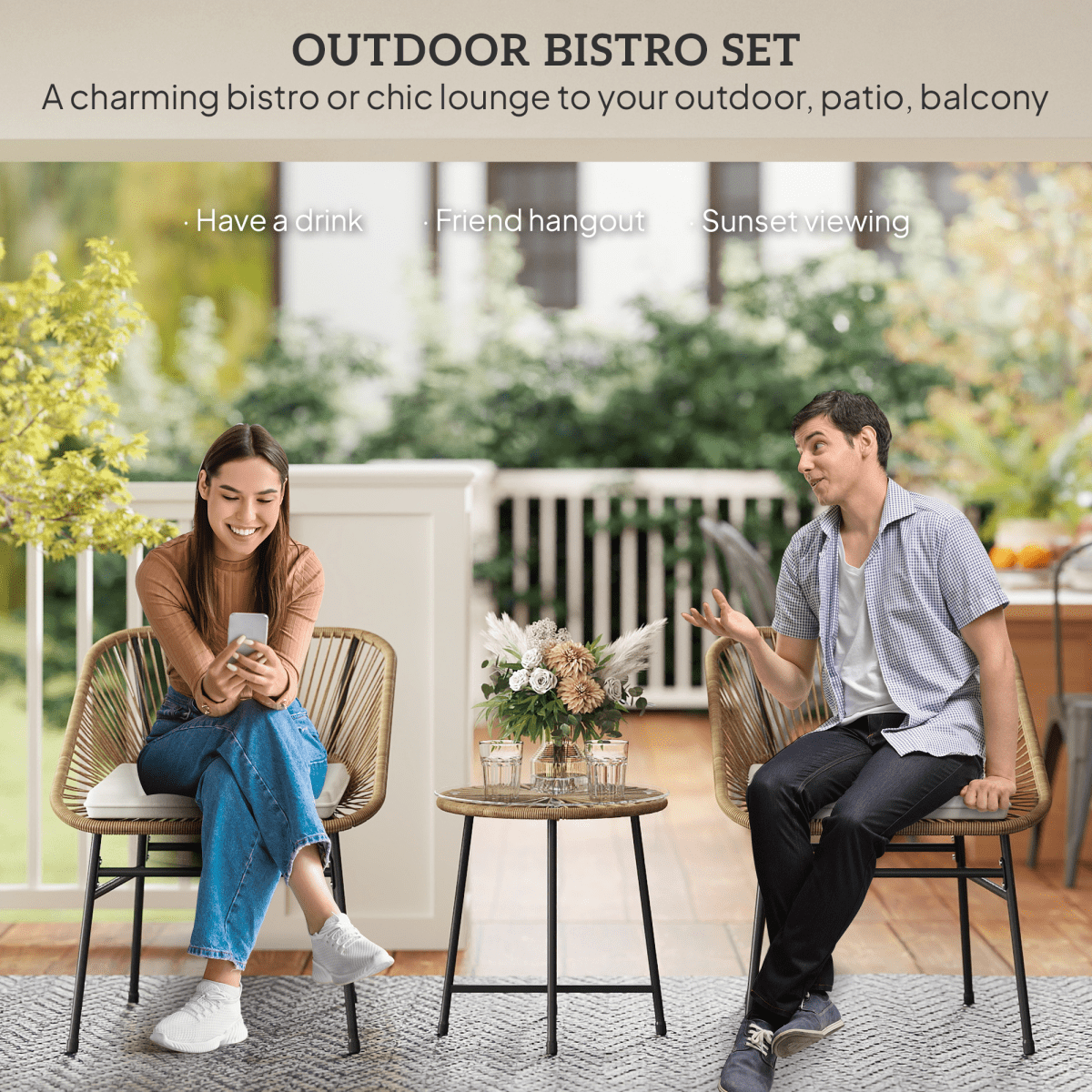 Rattan Bistro Set for Small Balcony with Cushions, Light Grey Rattan Bistro Set for Small Balcony with Cushions, Light Grey - Image 3