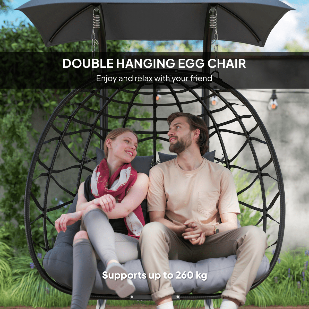 Double Rattan Hanging Egg Chair with Canopy and Cushion, Black Double Rattan Hanging Egg Chair with Canopy and Cushion, Black - Image 4