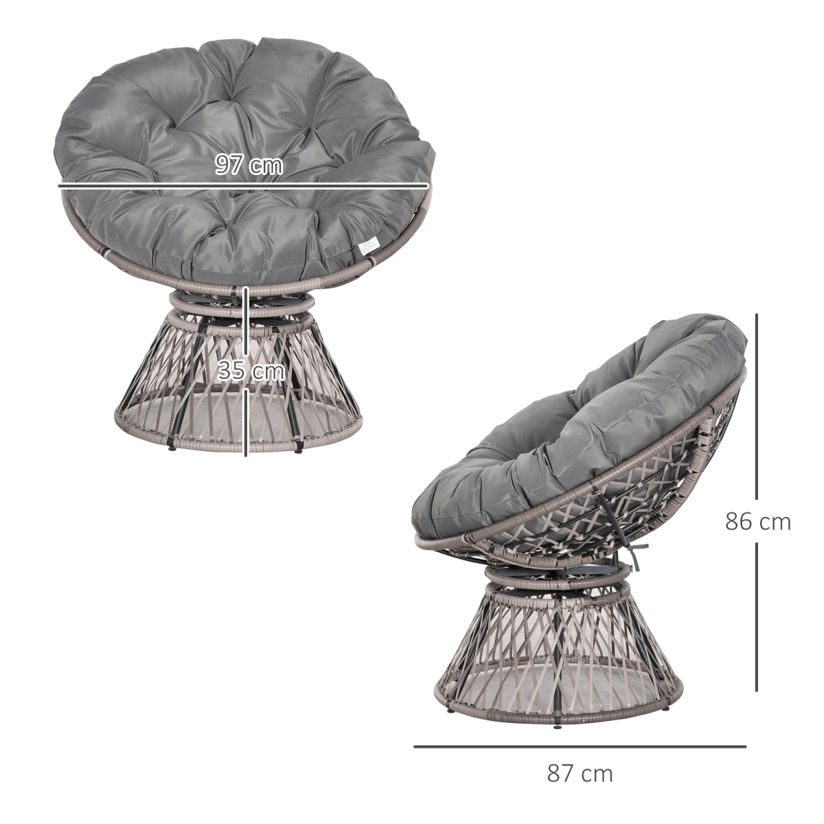 360??Swivel Rattan Papasan Moon Bowl Chair Round Outdoor Padded-Grey Outsunny 360??Swivel Rattan Papasan Moon Bowl Chair Round Outdoor Padded-Grey Outsunny - Image 3