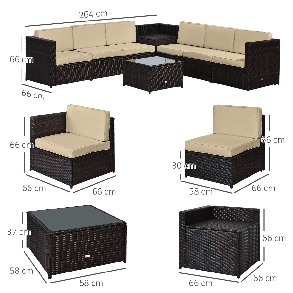 Outsunny 6-Seater Rattan Sofa Furniture Set W/Cushions, Steel Frame-Brown Outsunny 6-Seater Rattan Sofa Furniture Set W/Cushions, Steel Frame-Brown - Image 3
