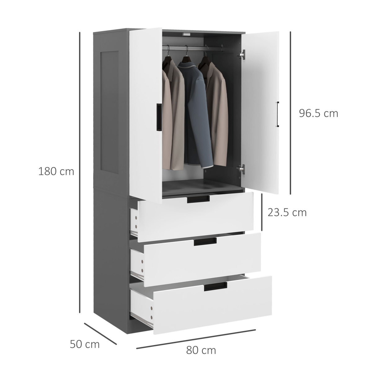 2 Door Grey Wardrobe with 3 Drawers and Hanging Rail 2 Door Grey Wardrobe with 3 Drawers and Hanging Rail - Image 3