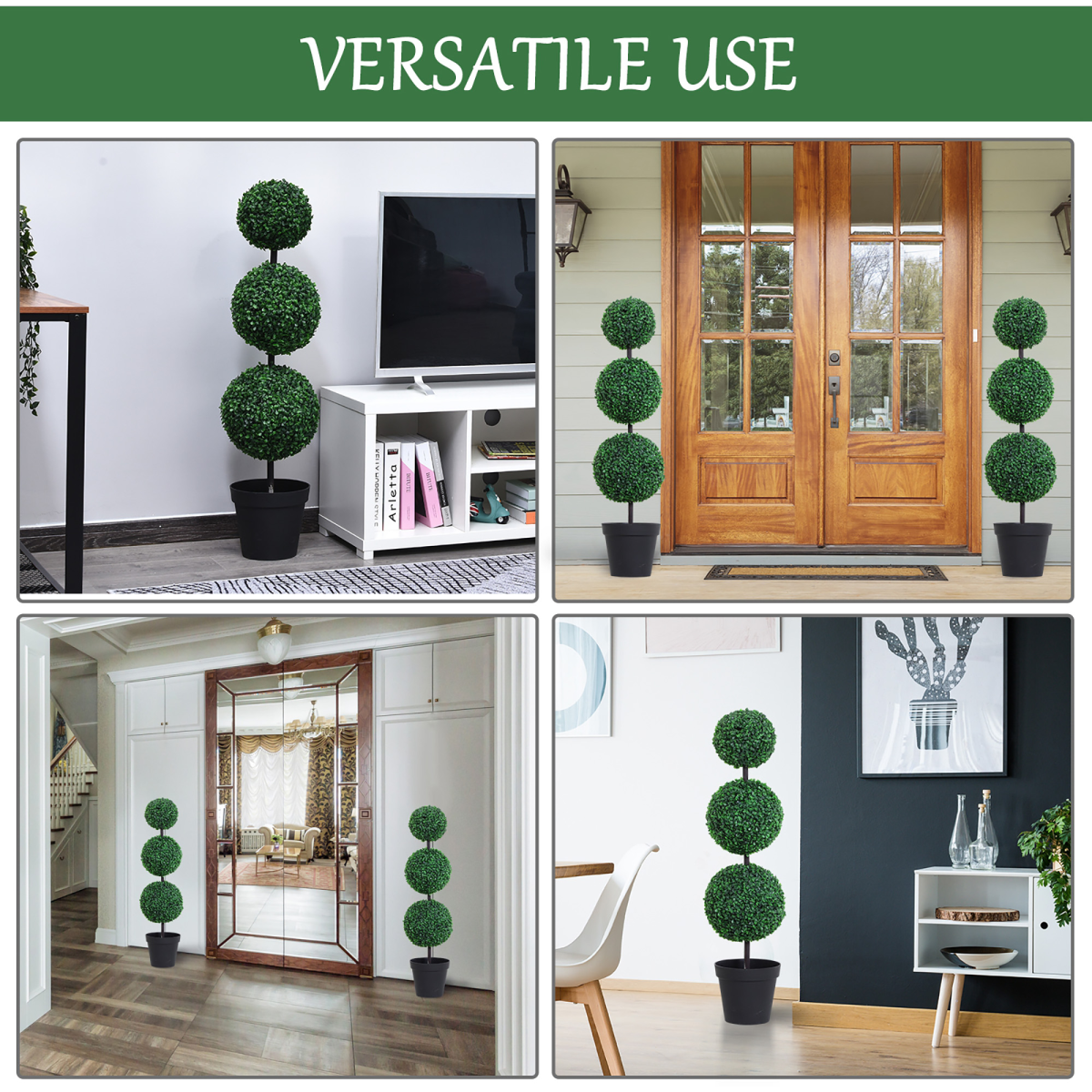 PE Set of 2 Artificial Boxwood Three Balls Topiary Plant Tree's Green PE Set of 2 Artificial Boxwood Three Balls Topiary Plant Tree's Green - Image 4