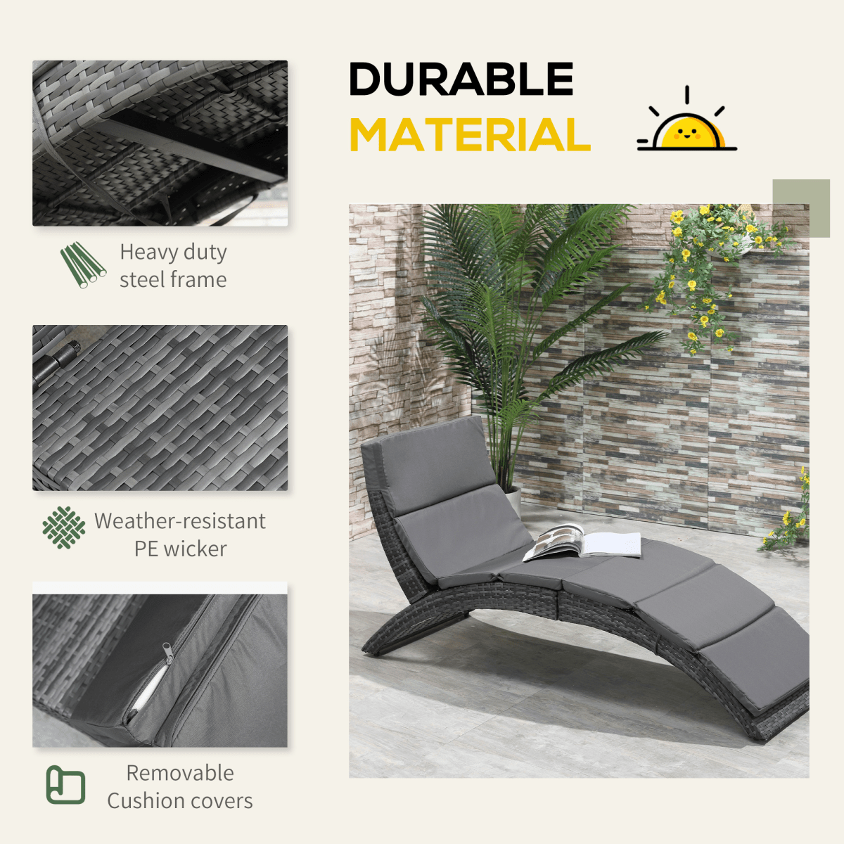 Garden Patio Rattan Wicker Folding Sun Lounger Cushion Grey Garden Patio Rattan Wicker Folding Sun Lounger Cushion Grey - Image 4