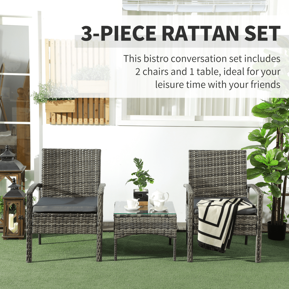 3 Piece Garden Rattan Bistro Set with Table and Chairs, Mixed Grey 3 Piece Garden Rattan Bistro Set with Table and Chairs, Mixed Grey - Image 4