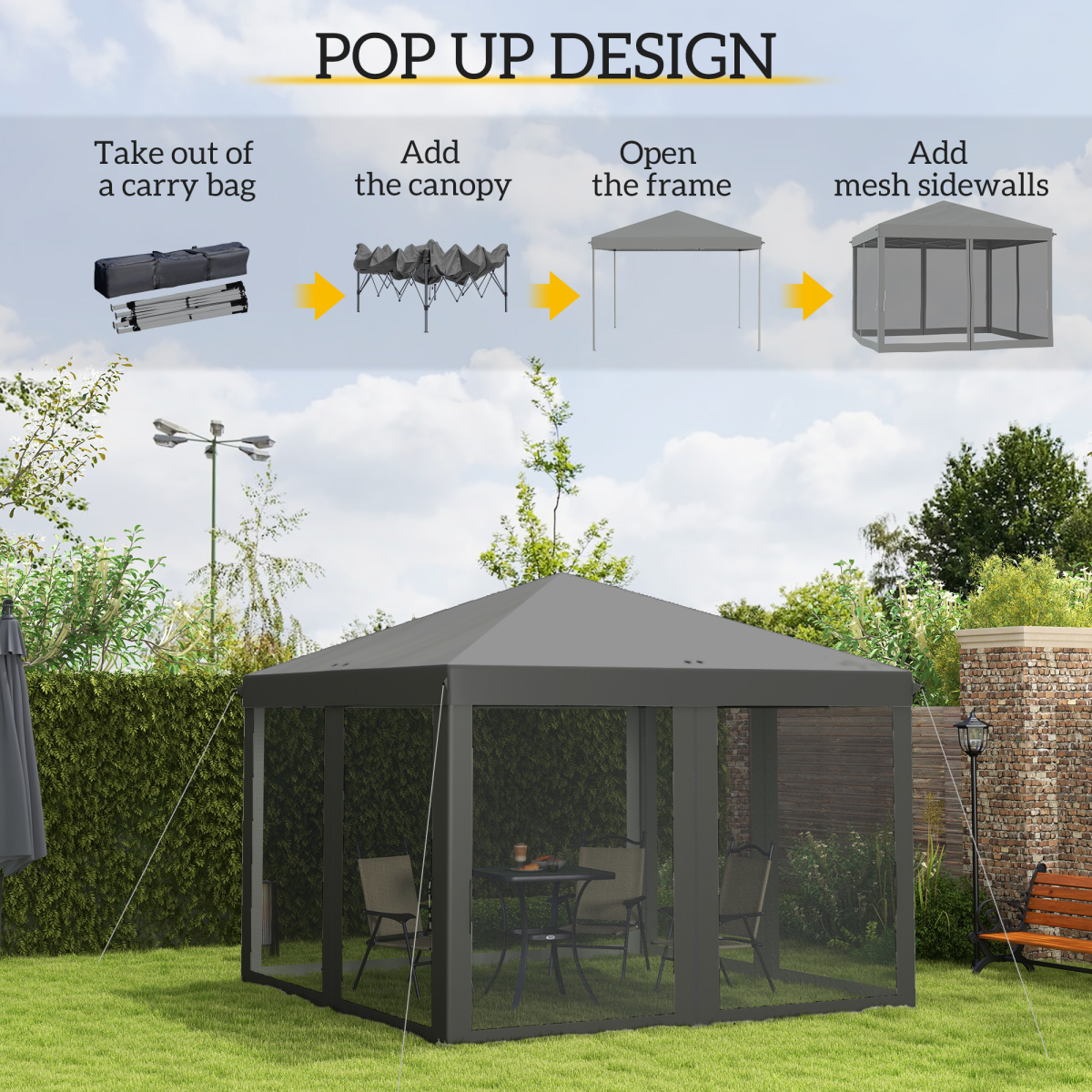 Heavy Duty Pop Up Gazebo with Removable Mesh Sidewall Netting Gray Heavy Duty Pop Up Gazebo with Removable Mesh Sidewall Netting Gray - Image 4