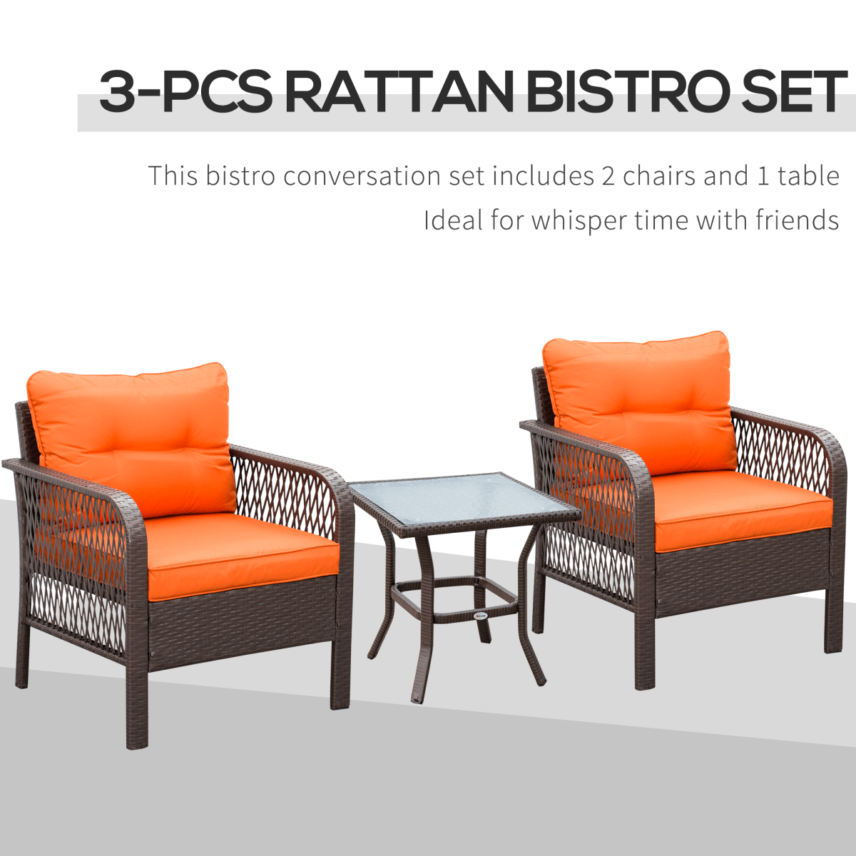 3 Pieces Patio Rattan Bistro Set with Tempered Glass Table Orange 3 Pieces Patio Rattan Bistro Set with Tempered Glass Table Orange - Image 4