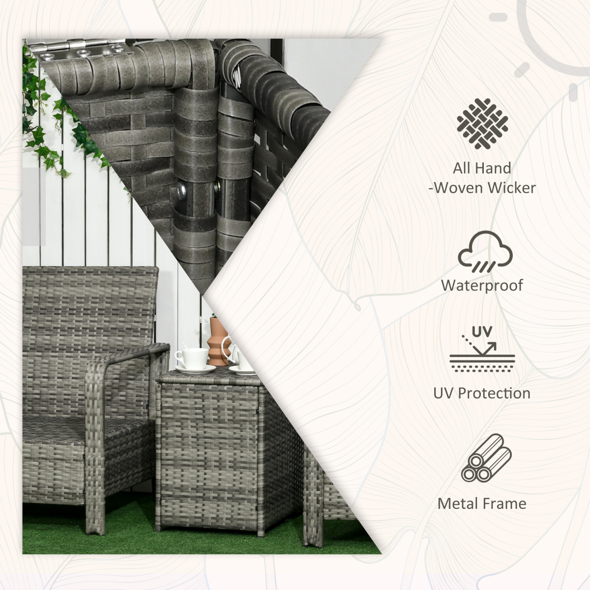 3 PCs PE Rattan Garden Sofa Set w/ 2 Chairs & Storage Table Mixed Grey 3 PCs PE Rattan Garden Sofa Set w/ 2 Chairs & Storage Table Mixed Grey - Image 4