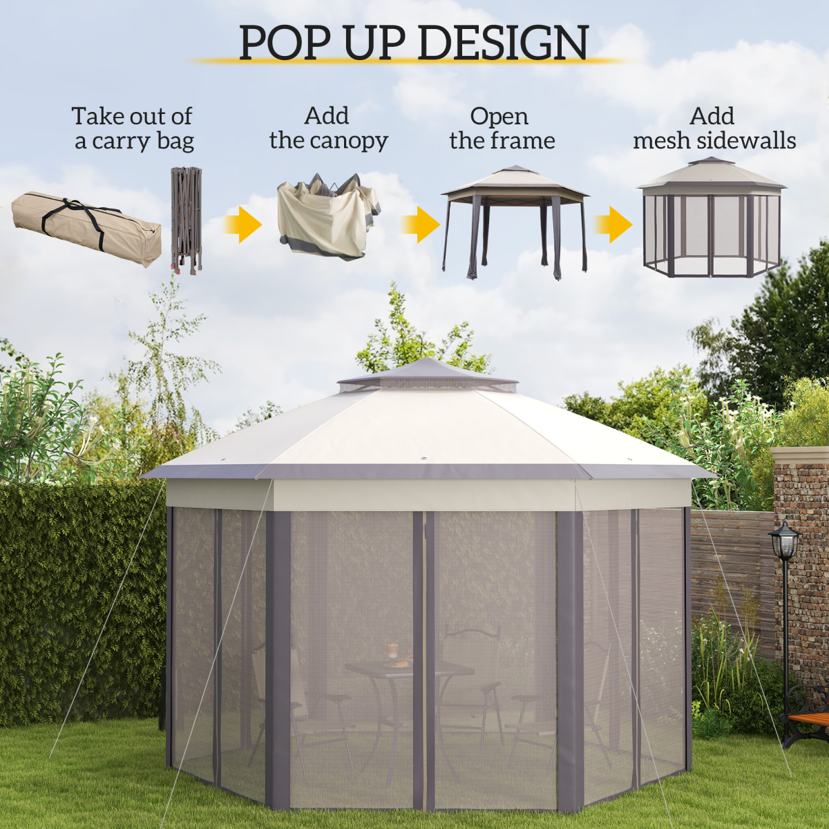 4.05m x 4.05m Metal Frame Mesh Draped 2-Tier Roof Gazebo Brown 4.05m x 4.05m Metal Frame Mesh Draped 2-Tier Roof Gazebo Brown - Image 4