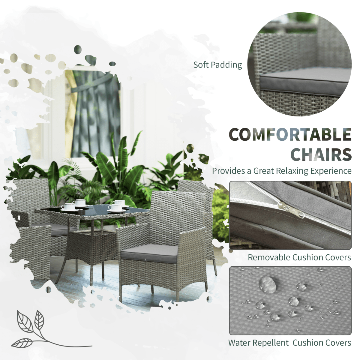 Outsunny Rattan Outdoor Dining Table and Chairs for 4, Light Grey Outsunny Rattan Outdoor Dining Table and Chairs for 4, Light Grey - Image 4