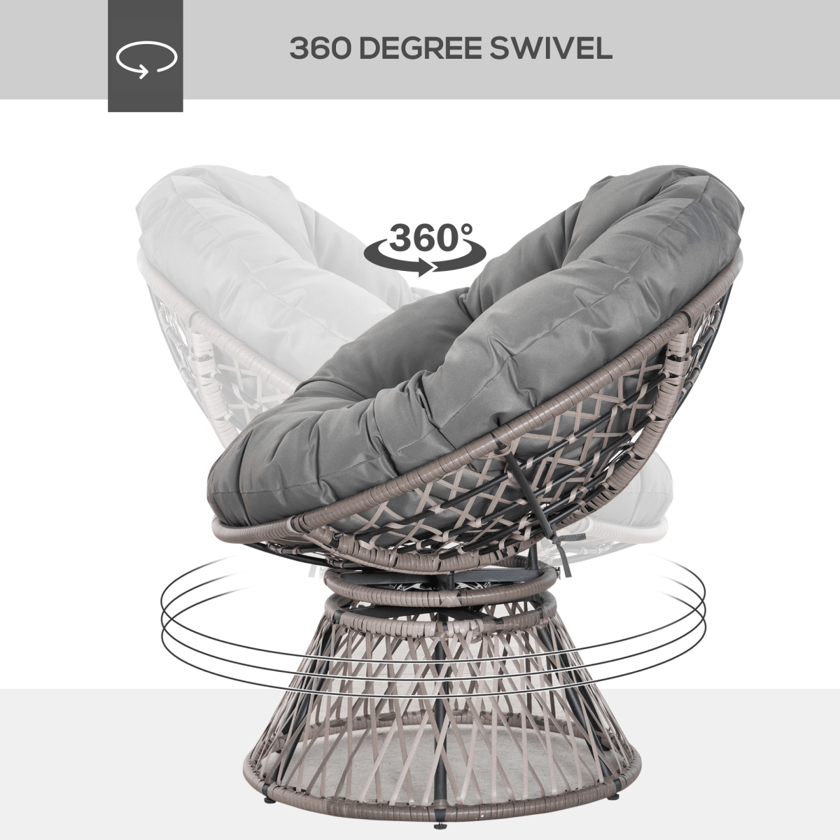 360??Swivel Rattan Papasan Moon Bowl Chair Round Outdoor Padded-Grey Outsunny 360??Swivel Rattan Papasan Moon Bowl Chair Round Outdoor Padded-Grey Outsunny - Image 4