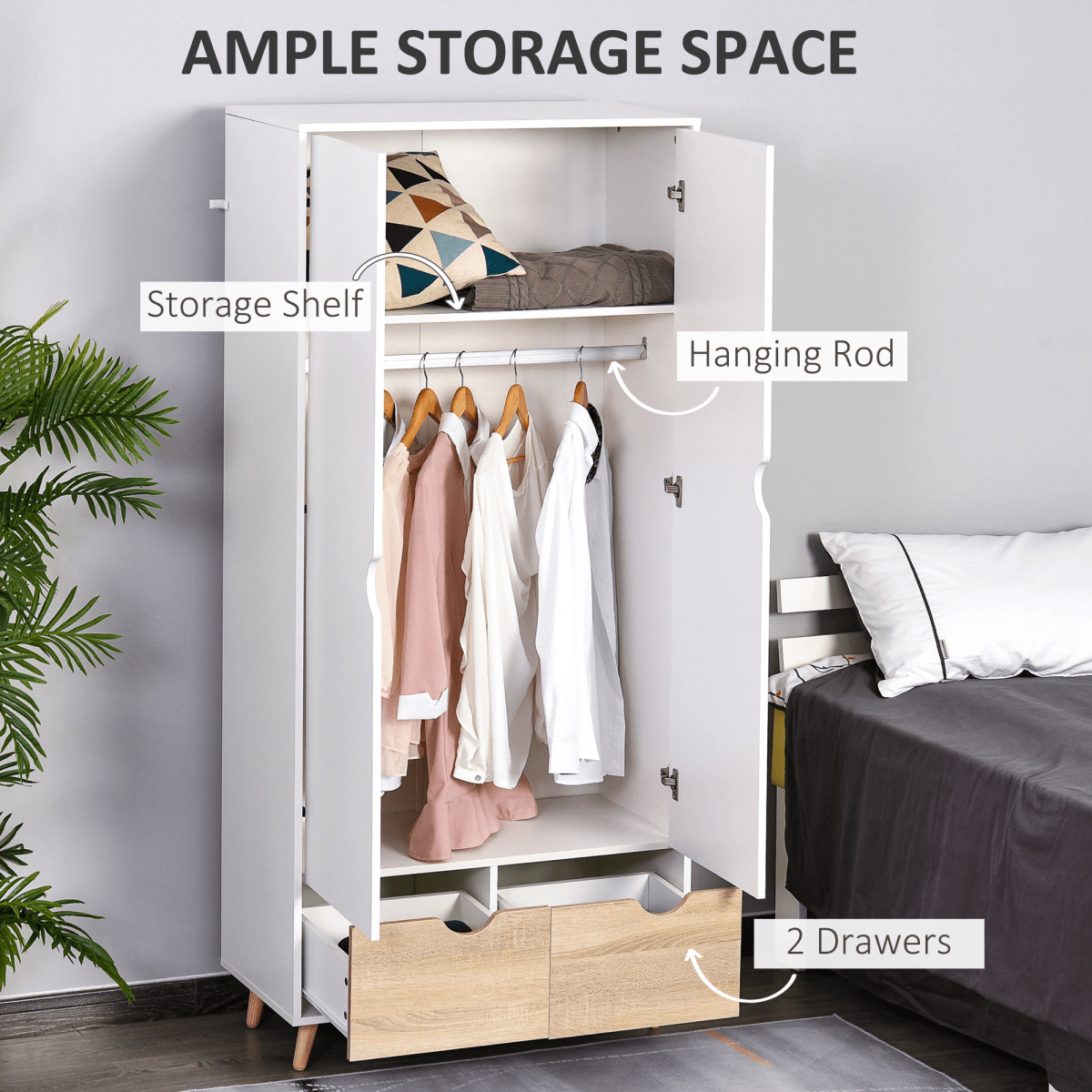 Particle Board 2-Drawer Wardrobe White/Oak Particle Board 2-Drawer Wardrobe White/Oak - Image 4