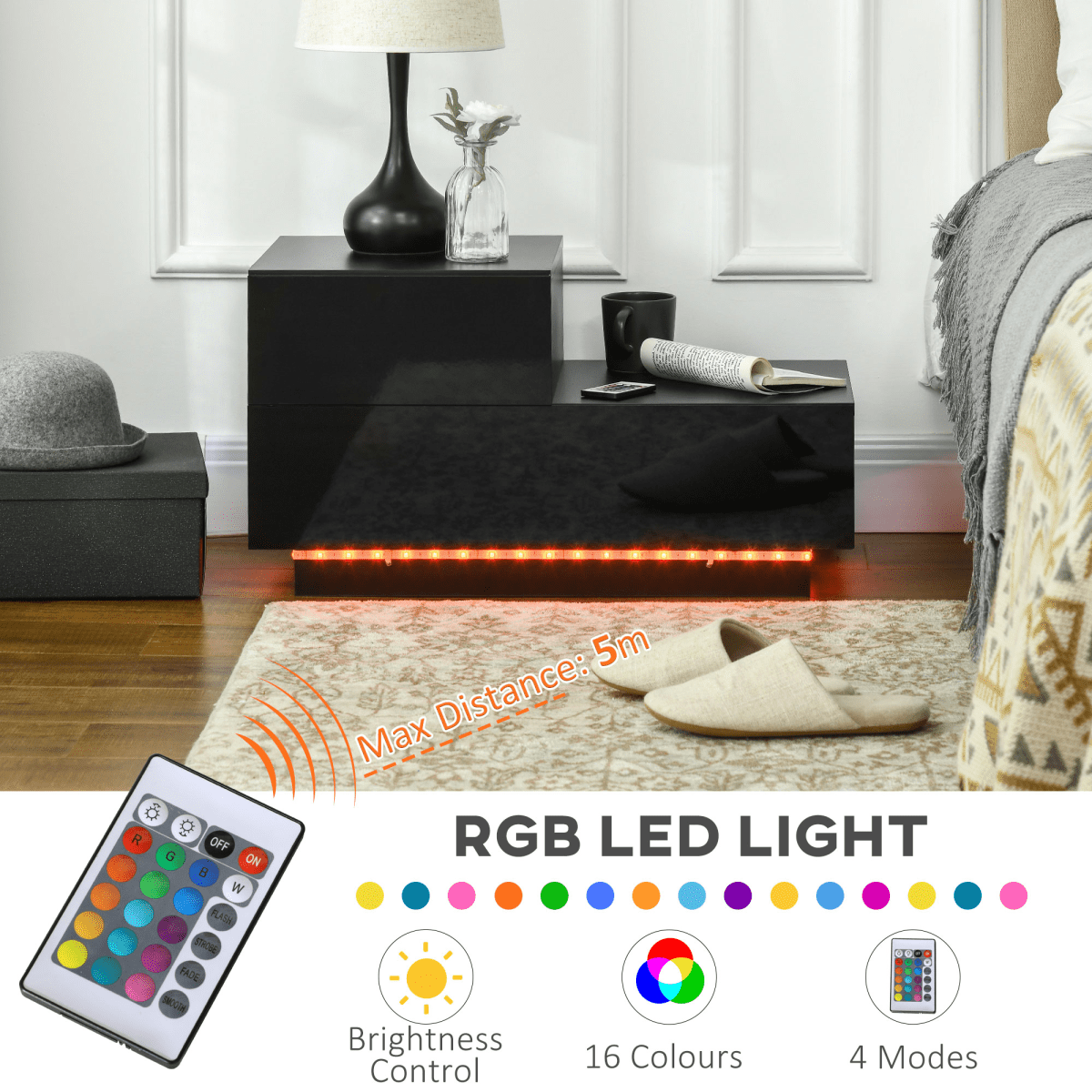 HOMCOM High Gloss Front Bedside Table Nightstand with LED Light Remote Black HOMCOM High Gloss Front Bedside Table Nightstand with LED Light Remote Black - Image 4