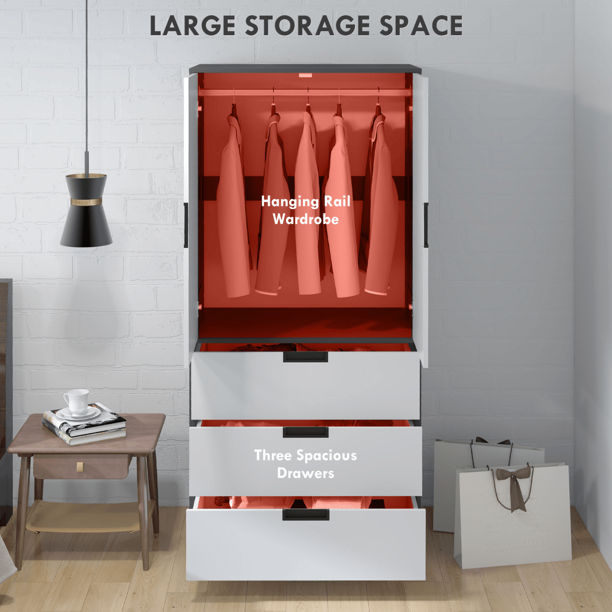 2 Door Grey Wardrobe with 3 Drawers and Hanging Rail 2 Door Grey Wardrobe with 3 Drawers and Hanging Rail - Image 4