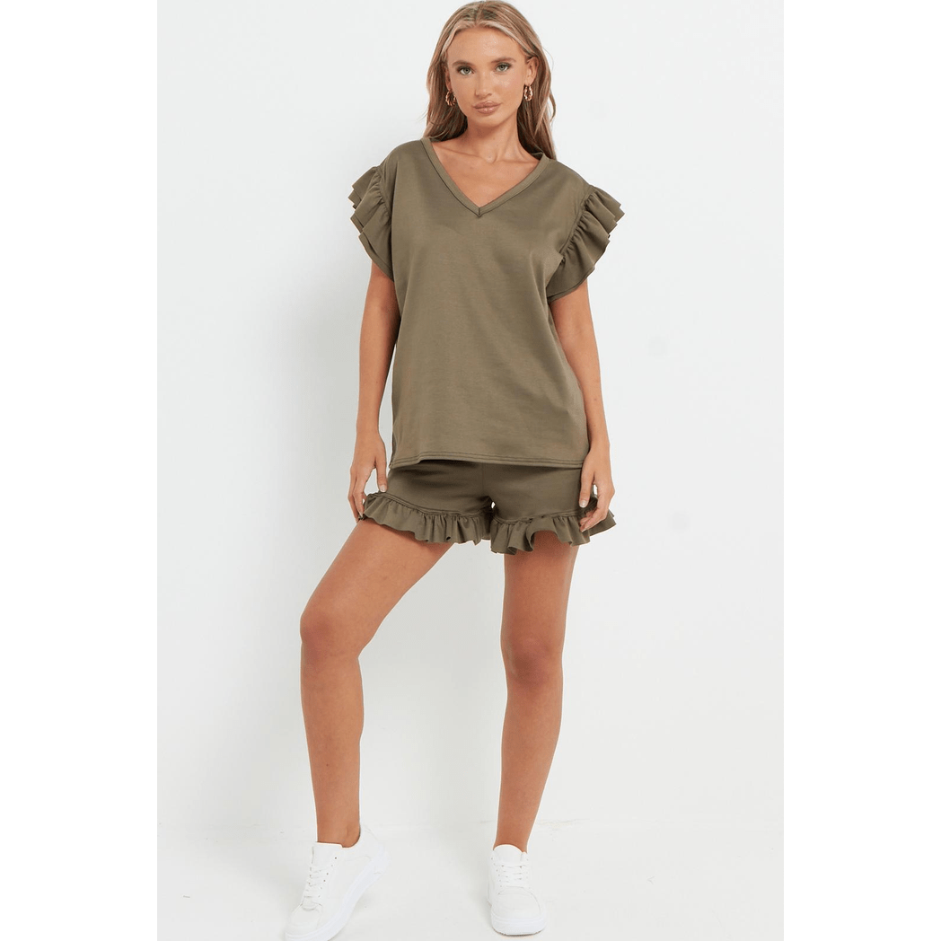 Ladies V Neck Frill Peplum Sleeve Top & Shorts 2 Piece Set Ladies V Neck Frill Peplum Sleeve Top & Shorts 2 Piece Set - Image 6