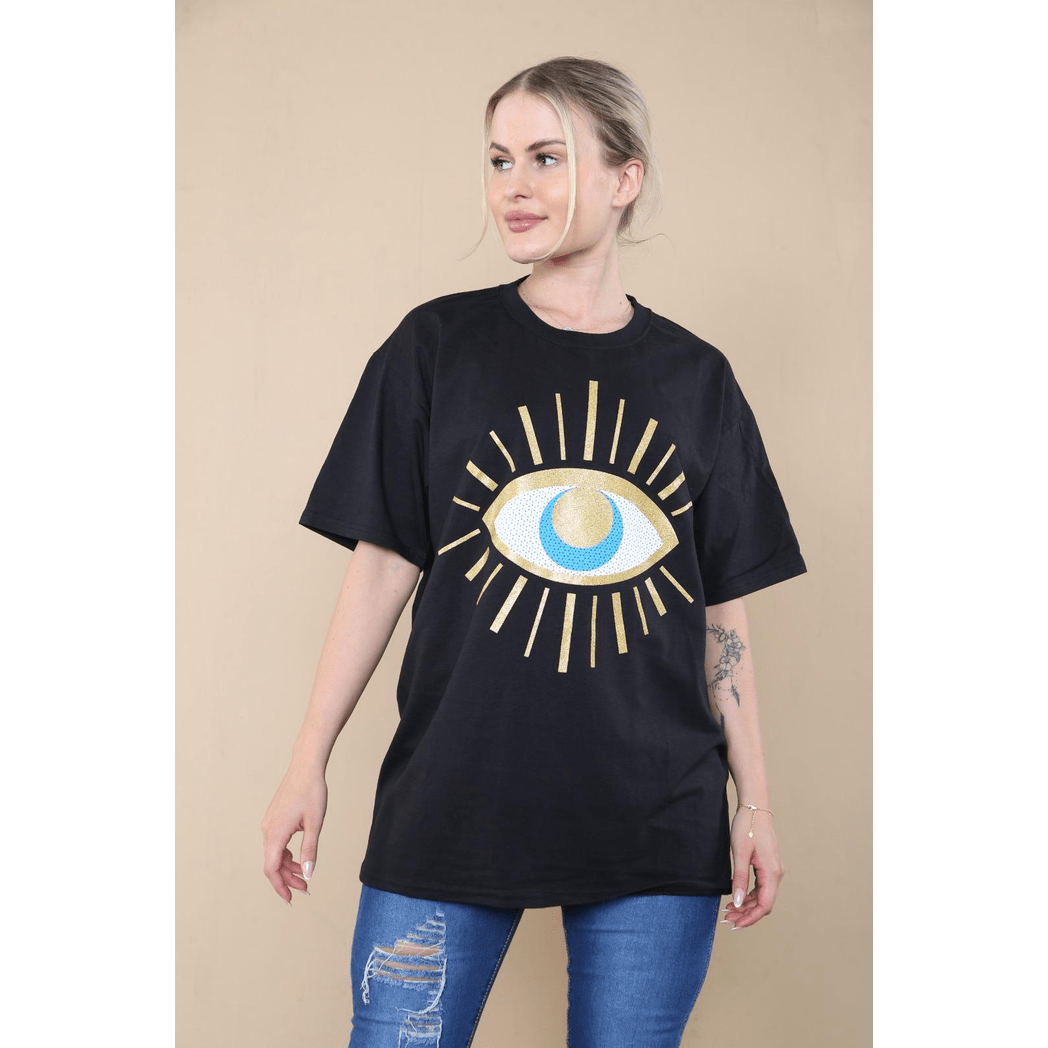 Ladies Oversized Sequin Eye Printed Short Sleeve T-Shirt Ladies Oversized Sequin Eye Printed Short Sleeve T-Shirt - Image 4