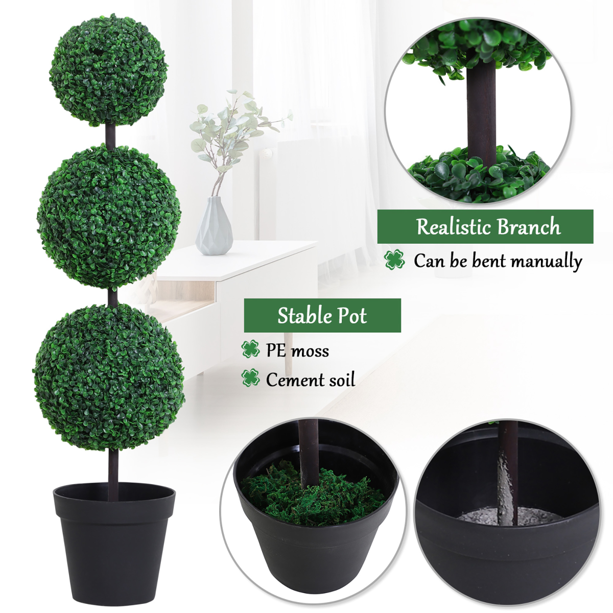 PE Set of 2 Artificial Boxwood Three Balls Topiary Plant Tree's Green PE Set of 2 Artificial Boxwood Three Balls Topiary Plant Tree's Green - Image 5