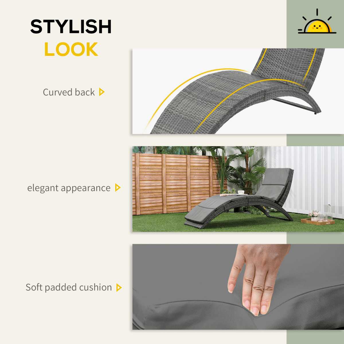 Garden Patio Rattan Wicker Folding Sun Lounger Cushion Grey Garden Patio Rattan Wicker Folding Sun Lounger Cushion Grey - Image 5