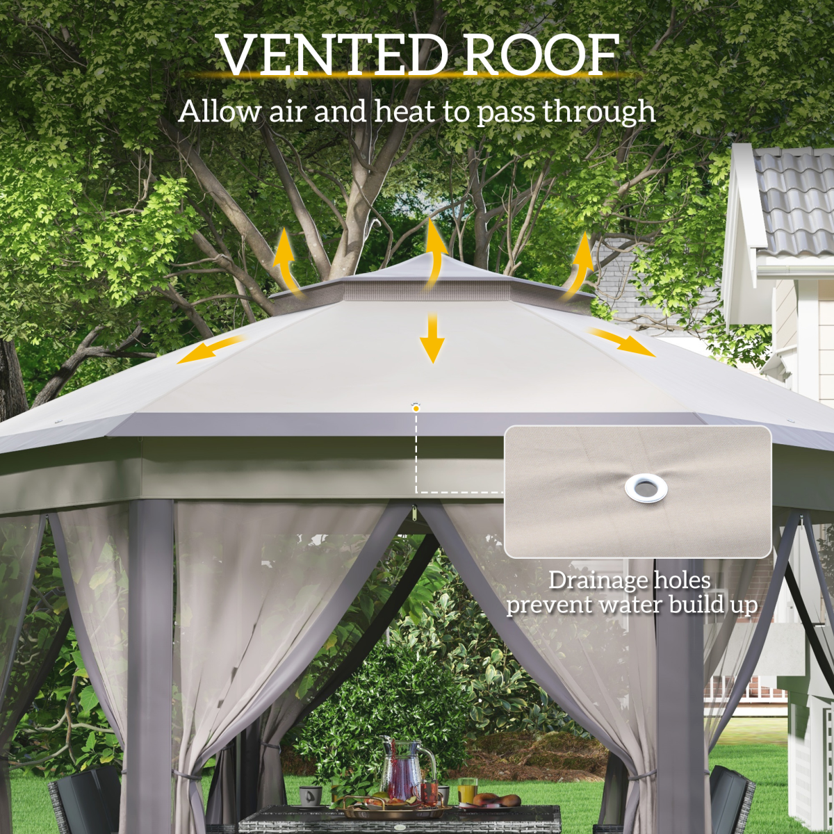 4.05m x 4.05m Metal Frame Mesh Draped 2-Tier Roof Gazebo Brown 4.05m x 4.05m Metal Frame Mesh Draped 2-Tier Roof Gazebo Brown - Image 5