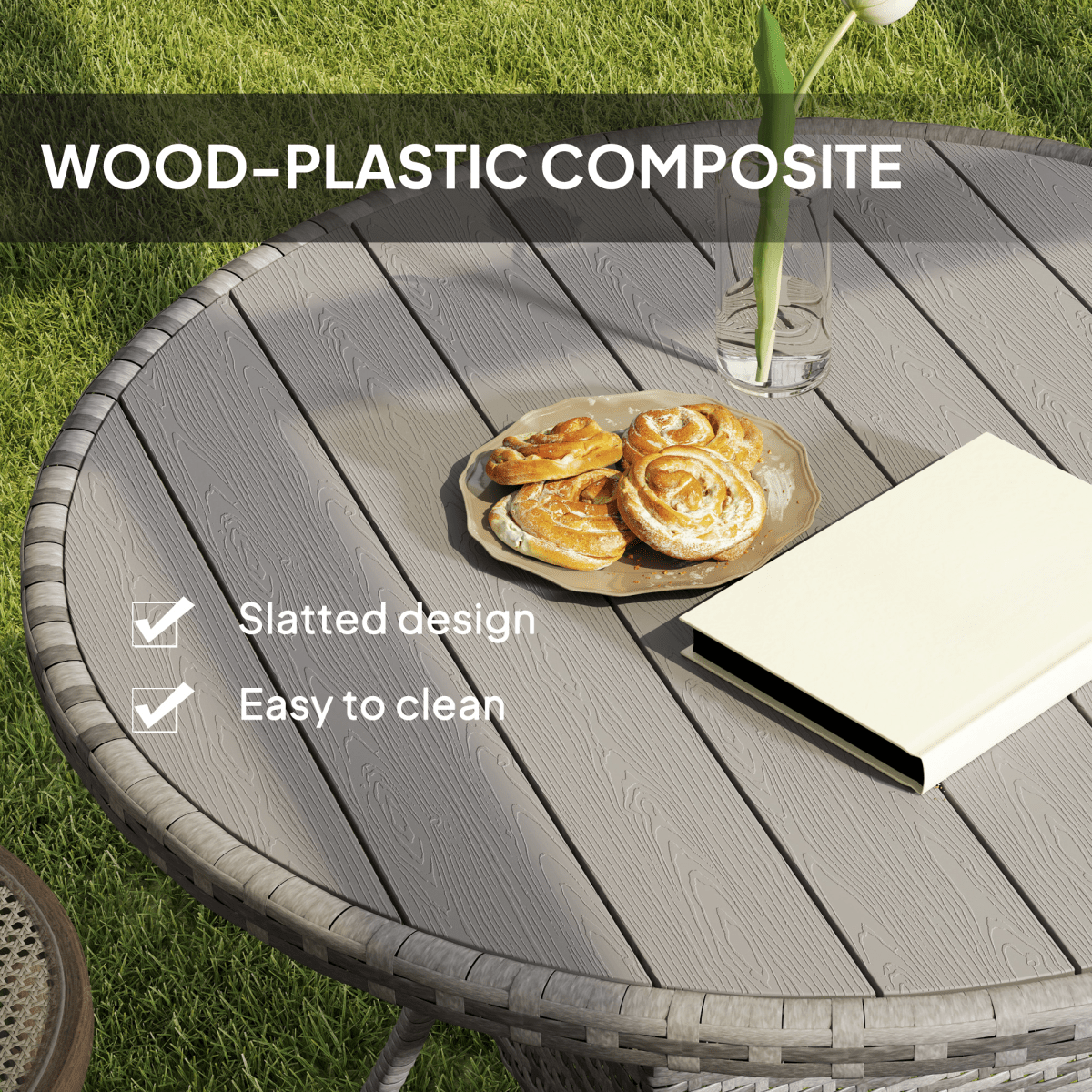 Outdoor PE Rattan Dining Table with Wood-Plastic Composite Top, Grey Outdoor PE Rattan Dining Table with Wood-Plastic Composite Top, Grey - Image 5