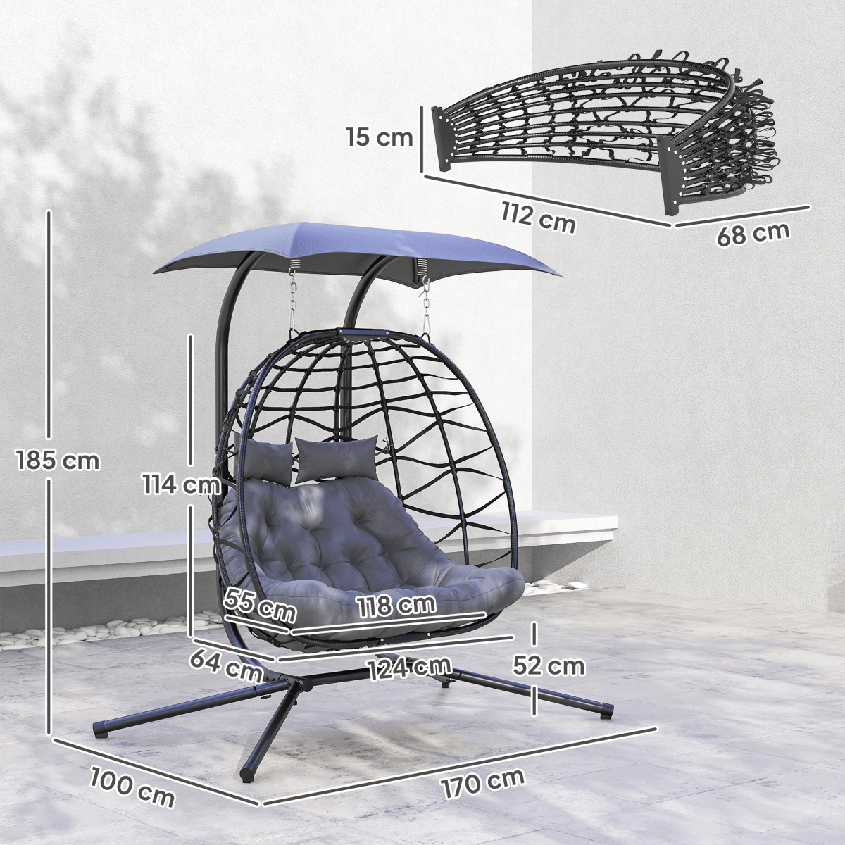 Double Rattan Hanging Egg Chair with Canopy and Cushion, Black Double Rattan Hanging Egg Chair with Canopy and Cushion, Black - Image 6